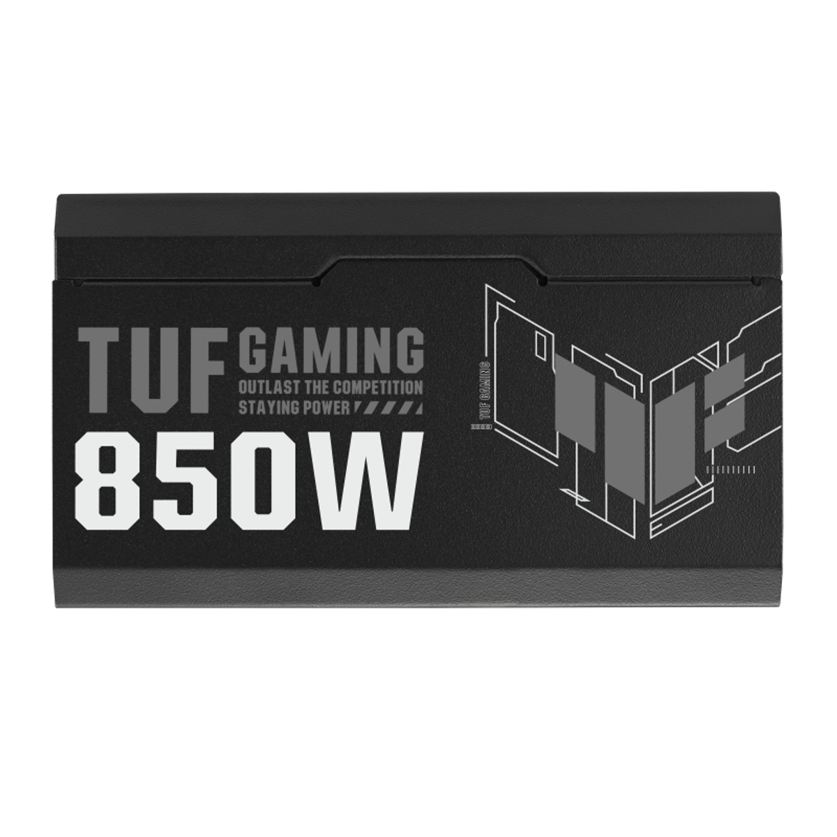 Czarny zasilacz z białym tekstem i grafiką, z napisem 'TUF GAMING 850W'.