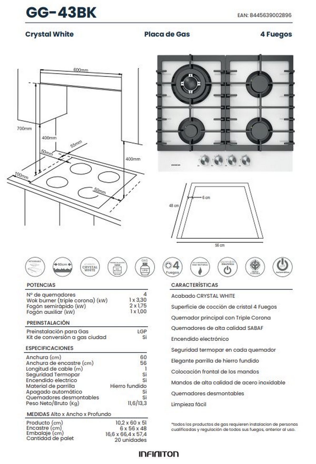 Encimera de gas con cuatro quemadores. Superficie blanca. Dibujo técnico del producto.