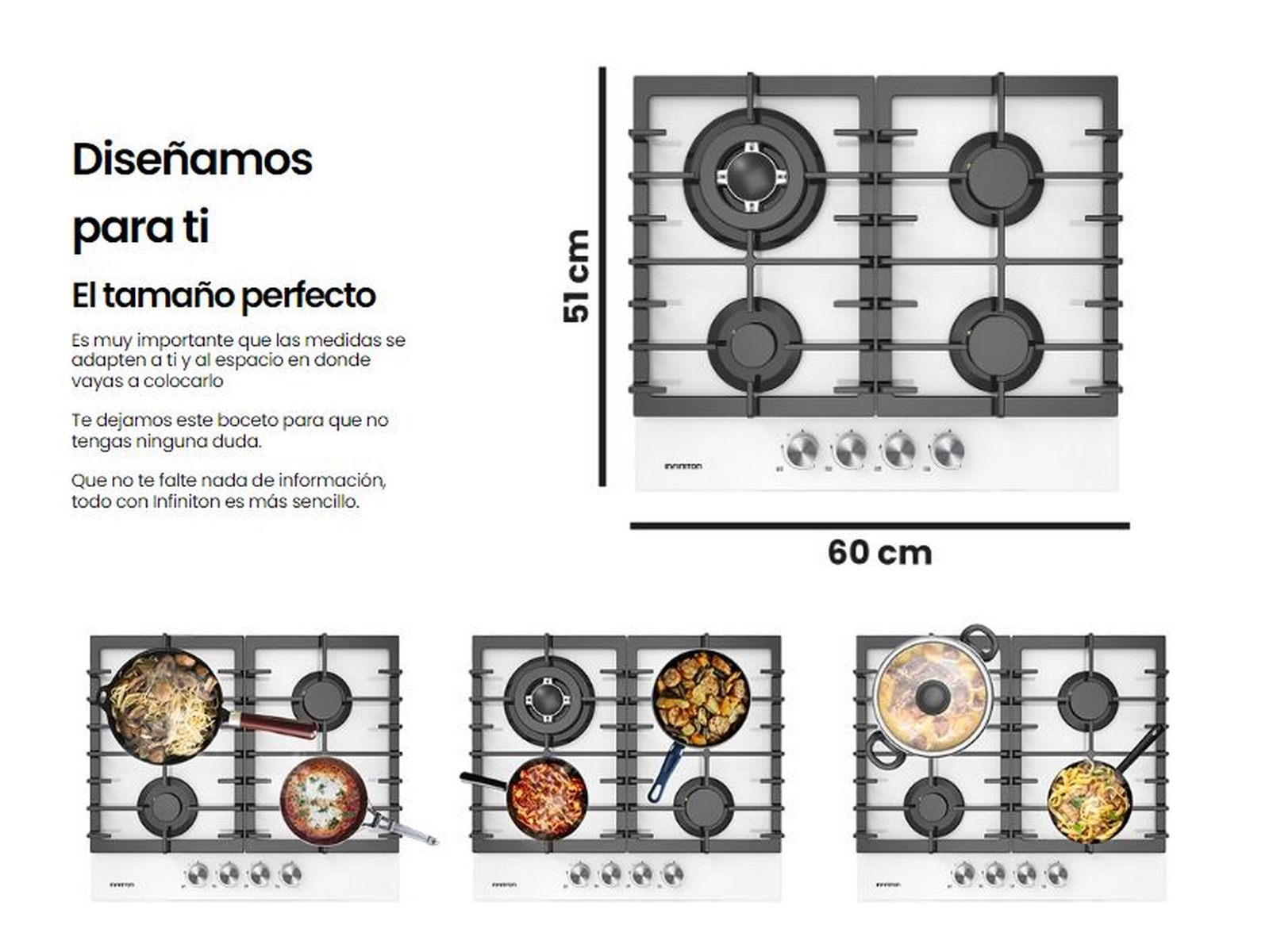 Una placa de gas blanca con cuatro quemadores. Muestra dimensiones e imágenes de sartenes en uso.