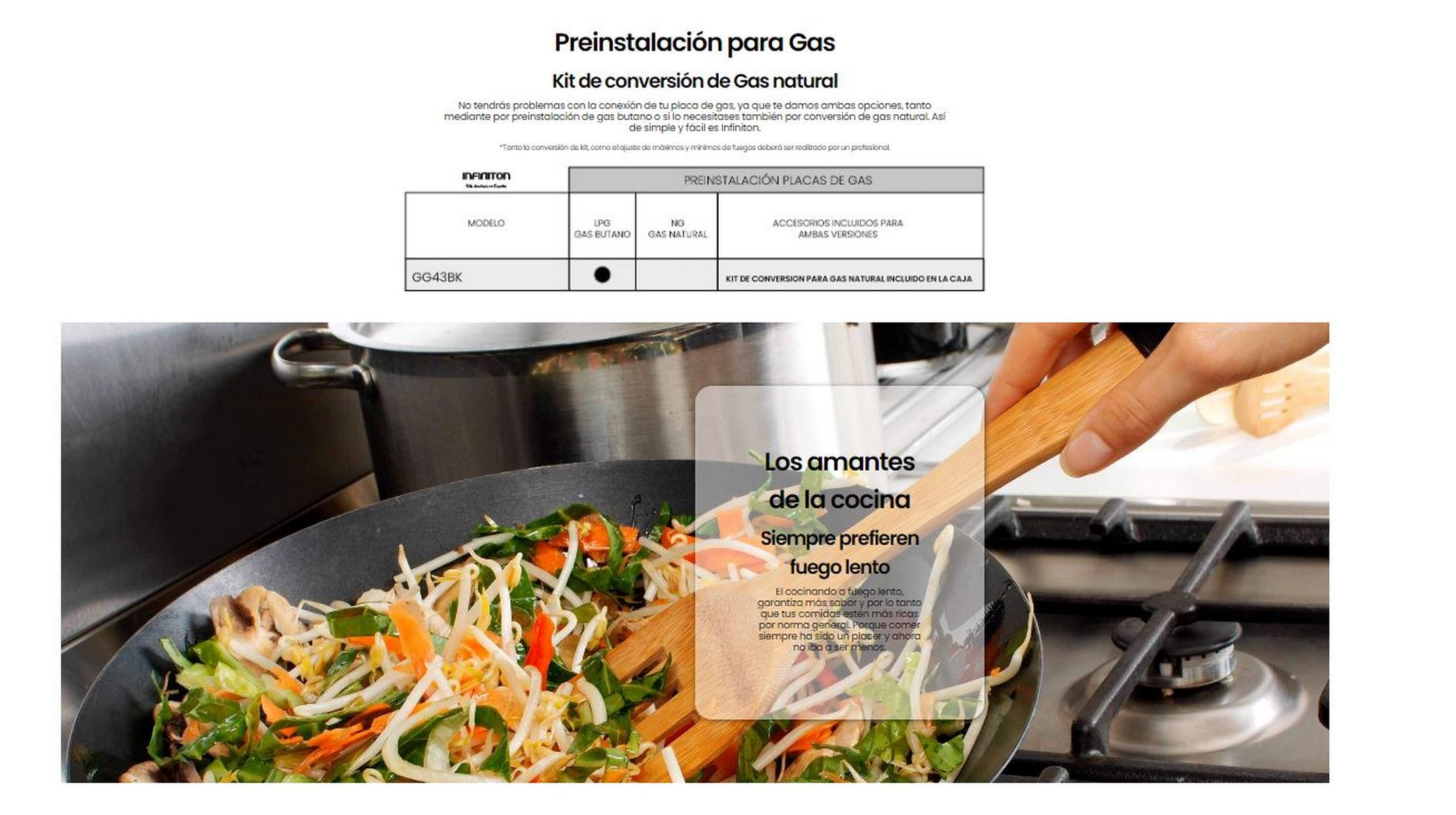 Escena de cocina con verduras en una sartén, una estufa de gas y texto sobre la instalación de gas con detalles del producto.