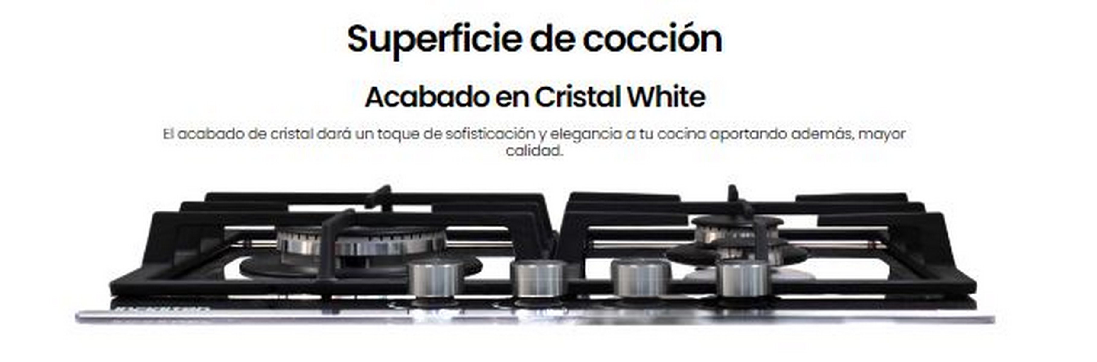 Encimera negra con 4 quemadores, mandos de acero inoxidable y texto: Superficie de cocción.