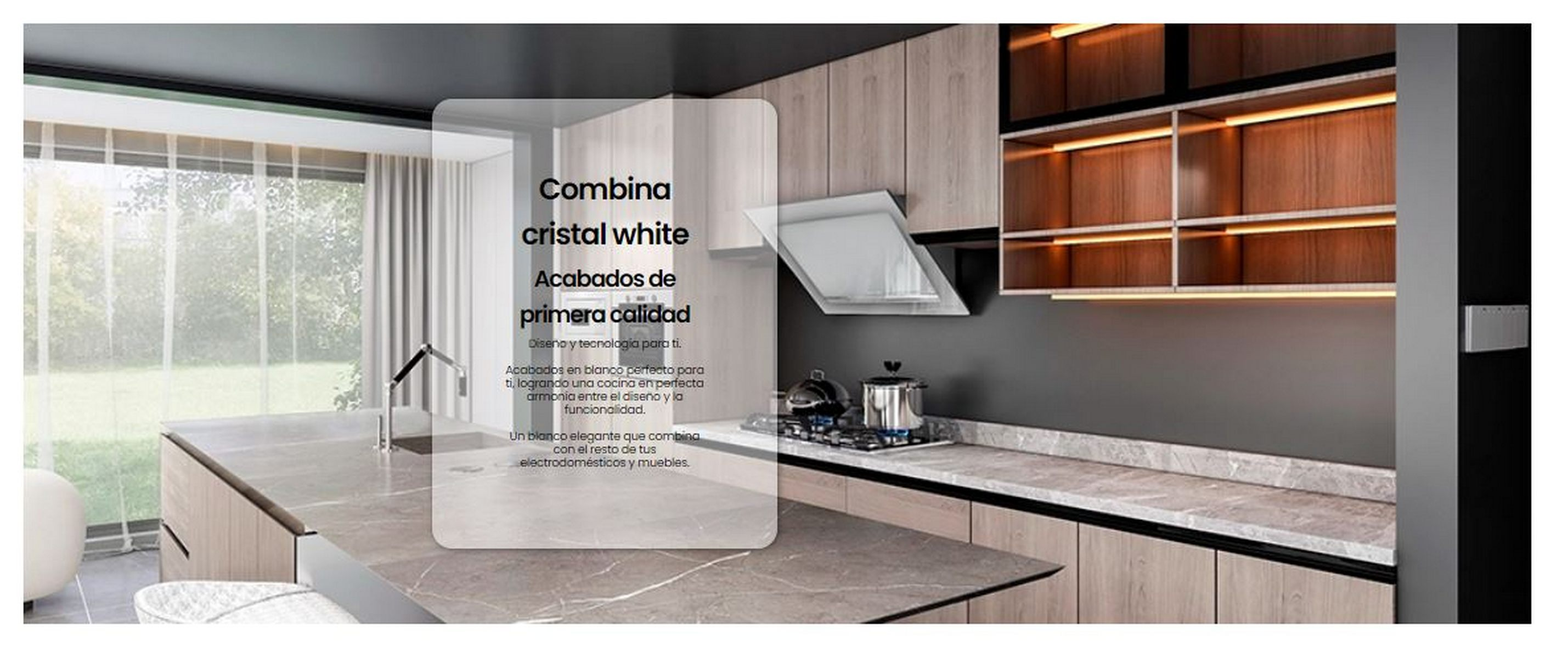 Cocina moderna con armarios, isla y electrodomésticos. Superposición de texto en español.