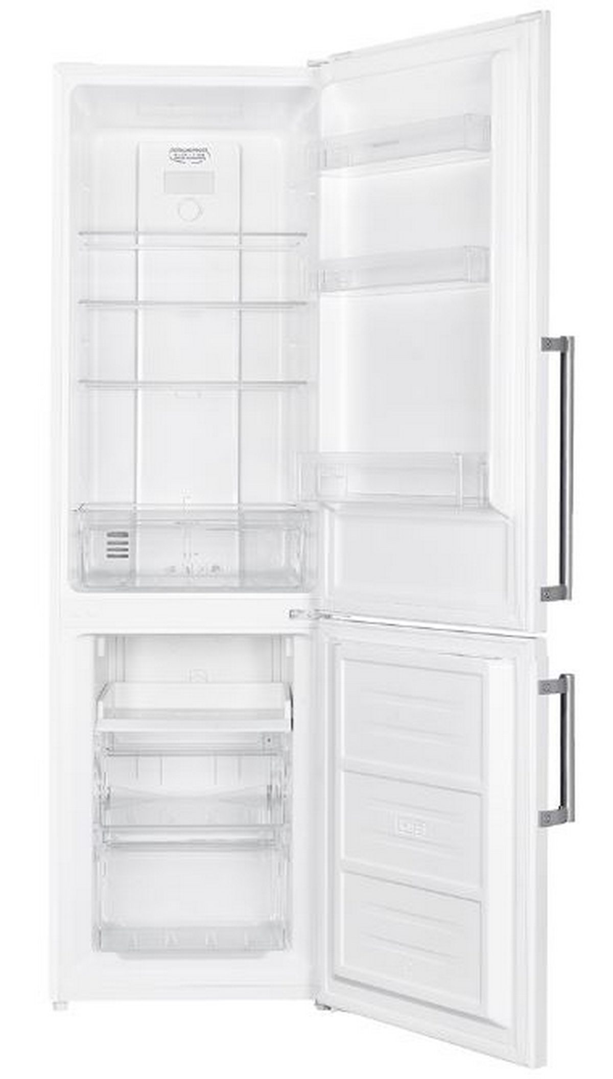 Refrigerador blanco con puertas abiertas. Dentro, hay estantes, cajones y recipientes transparentes.