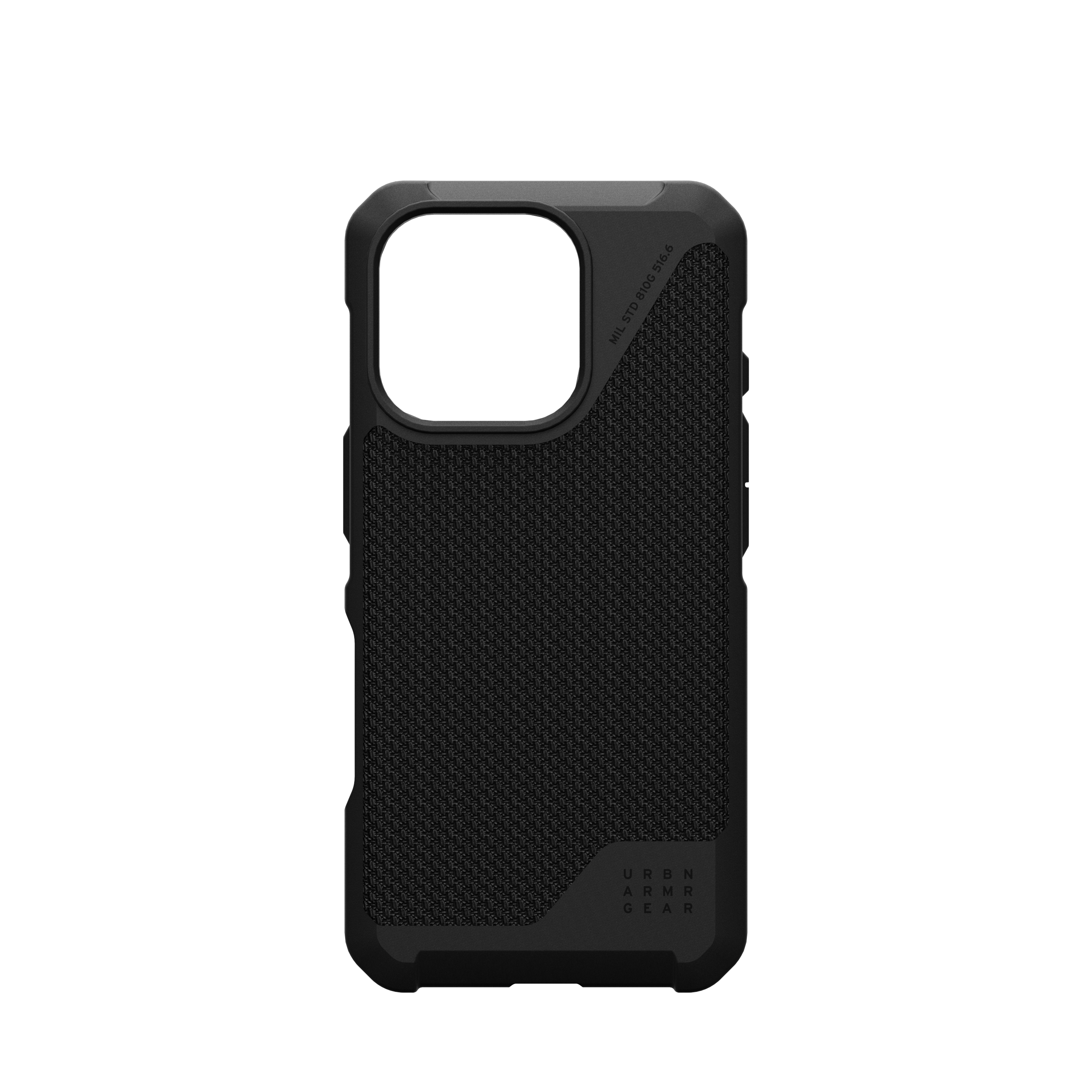 Eine schwarze Handyhülle mit strukturierter Rückseite und dem Urban Armor Gear-Logo. Schwarzer Hintergrund.