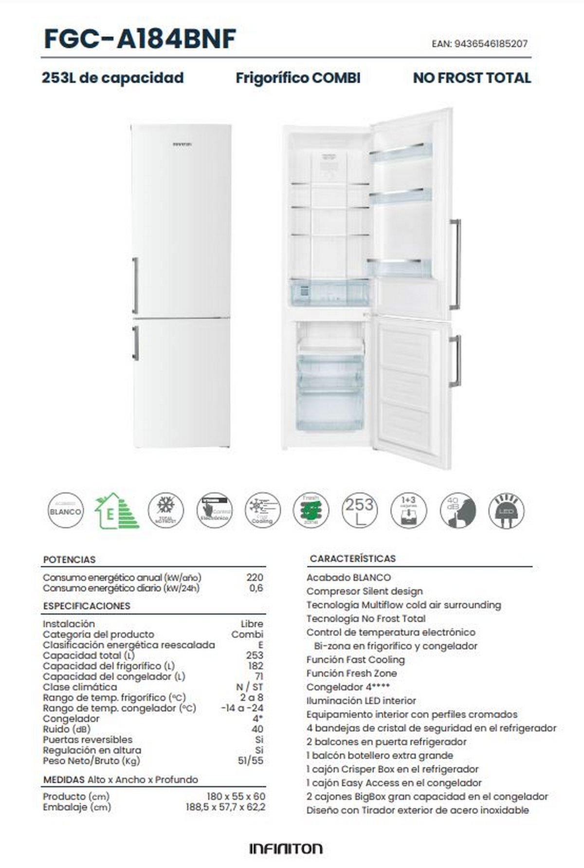 Frigorífico blanco con cajones de congelador y puerta abierta. Incluye especificaciones y detalles de eficiencia energética. Blanco.