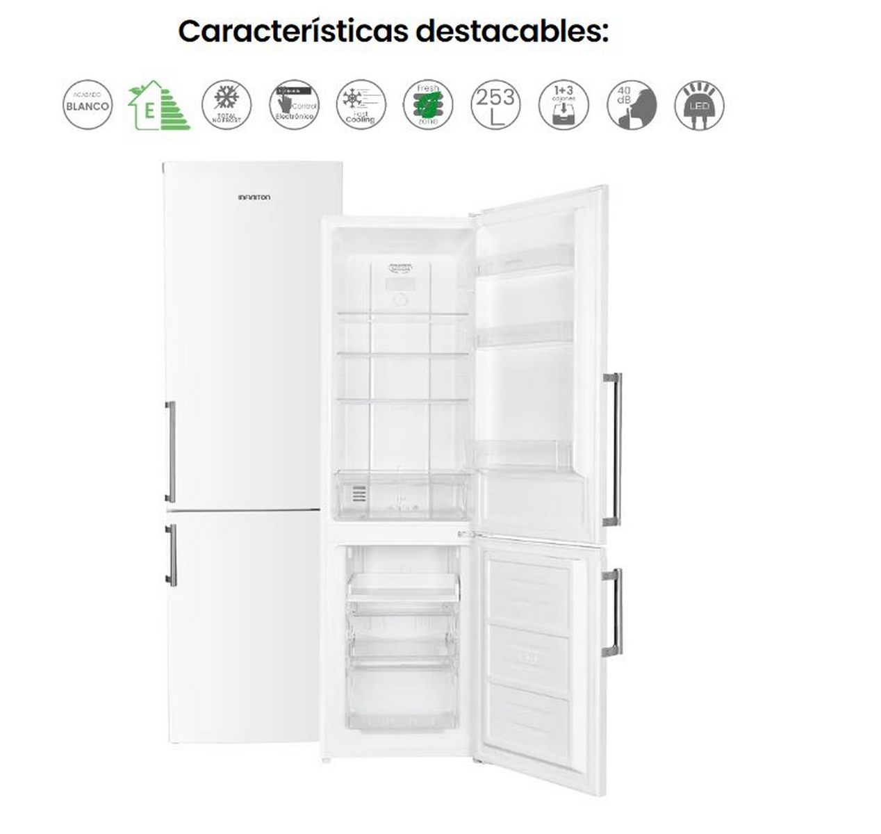 Refrigerador blanco con dos puertas abiertas. En el interior, estantes y cajones visibles, junto con iconos en la parte superior.