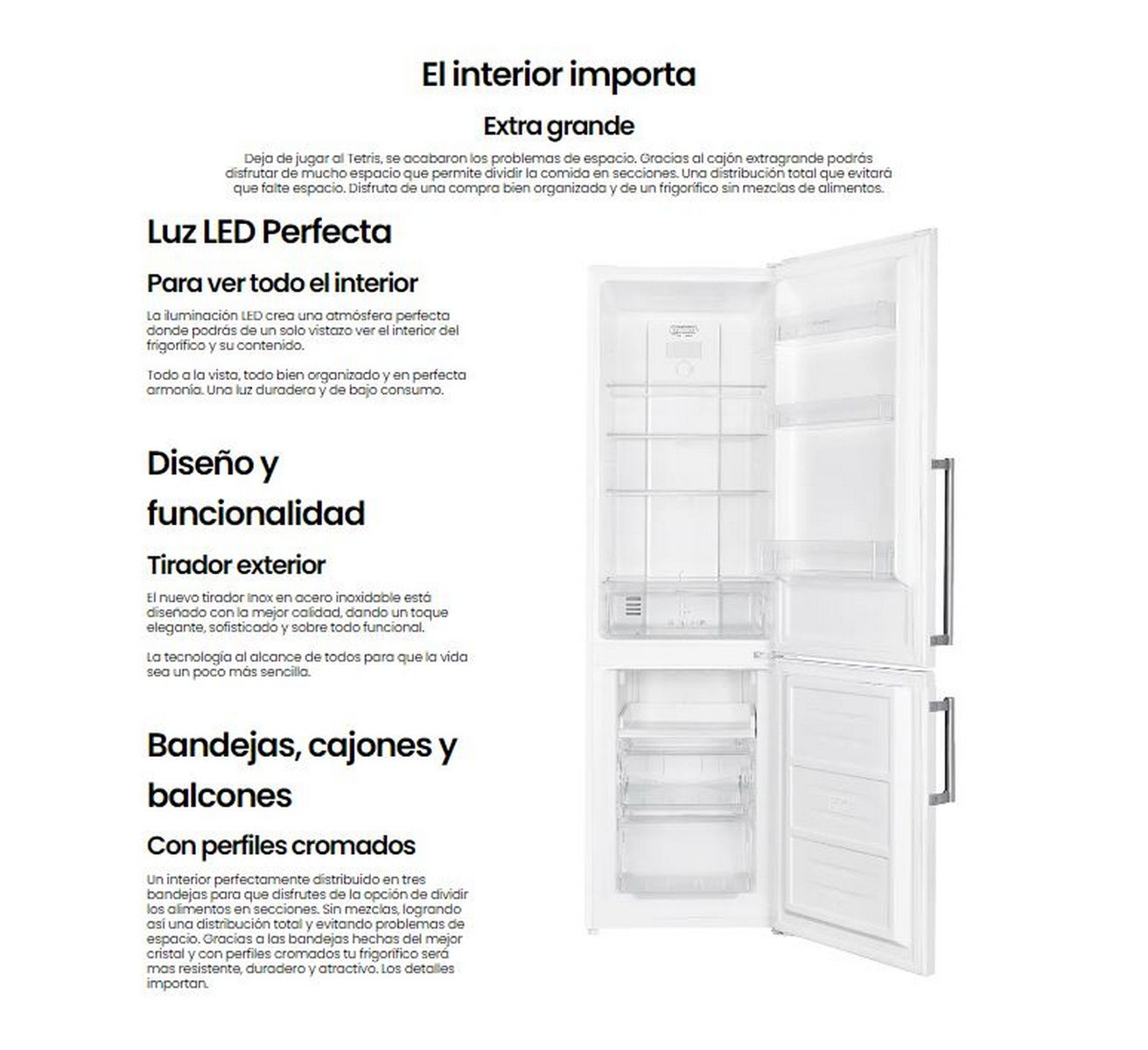 Texto español sobre diseño interior, incluyendo iluminación LED, cajones y perfiles cromados para nevera.