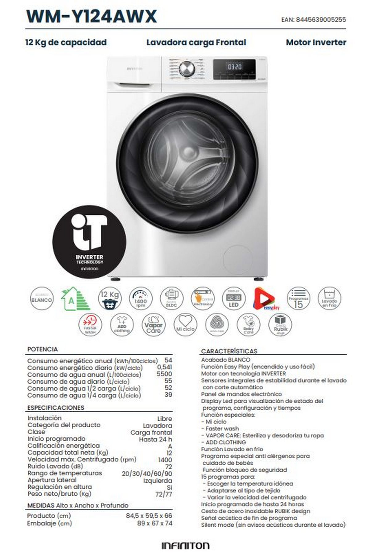 Una hoja informativa de lavadora blanca. Muestra especificaciones y características.