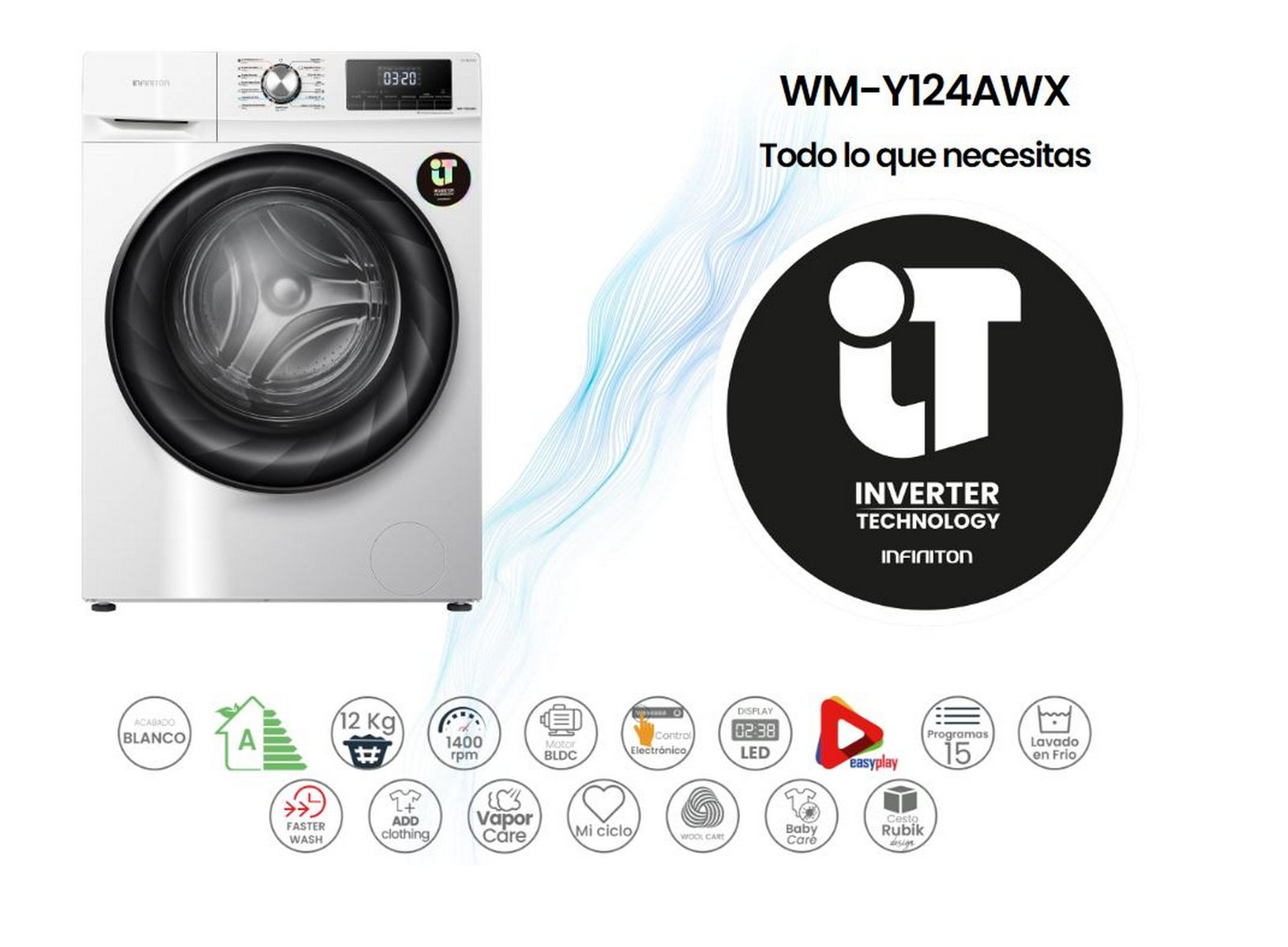 Una lavadora blanca con puerta negra y pantalla digital. Con iconos.