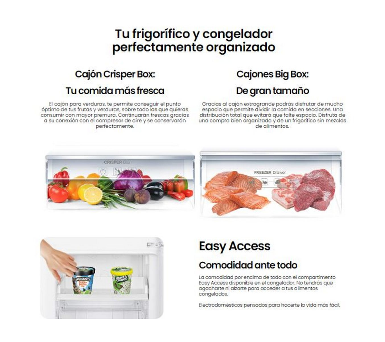 Un anuncio de un refrigerador con texto en español que muestra diferentes compartimentos y alimentos.
