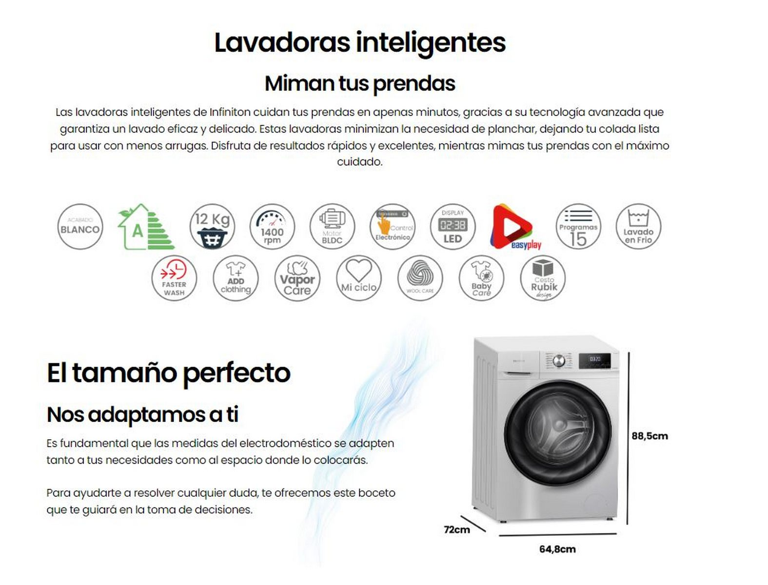 Lavadora blanca con iconos y texto sobre sus características. Las dimensiones también son visibles.