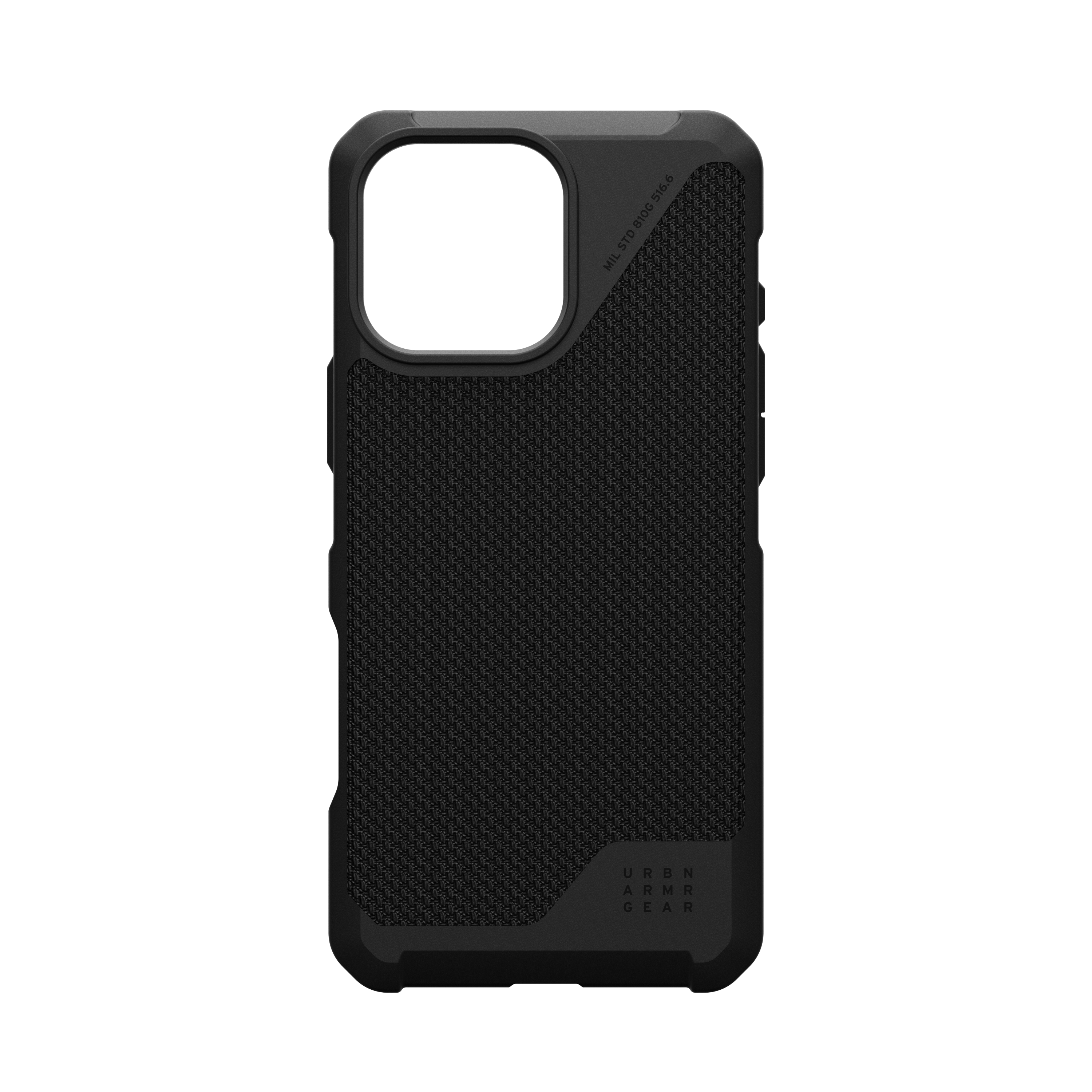 Custodia per telefono nera, con design strutturato e ritaglio per la fotocamera.