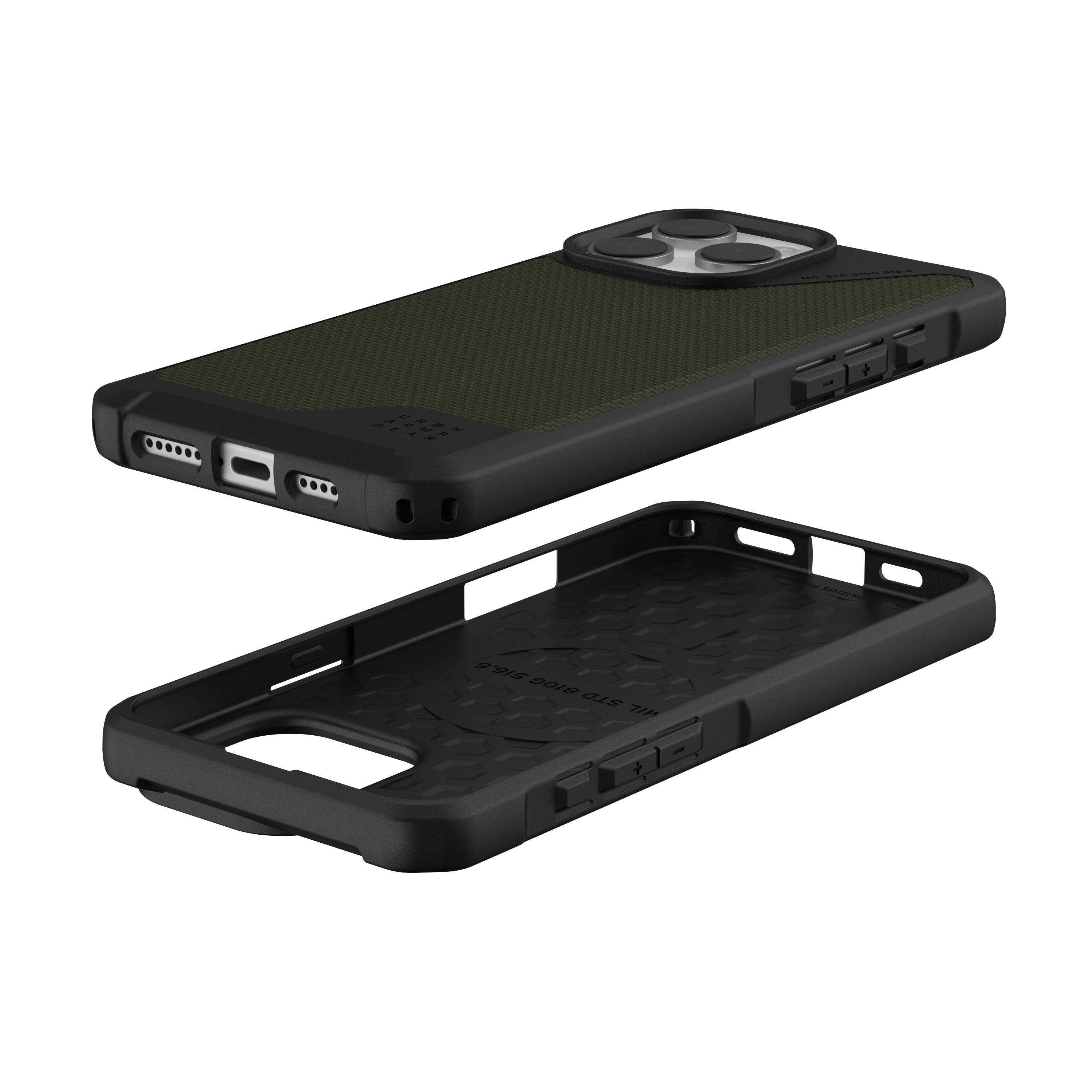 Custodia per telefono. Nero e verde. Pezzi superiore e inferiore. La custodia ha un motivo strutturato. Sfondo nero.