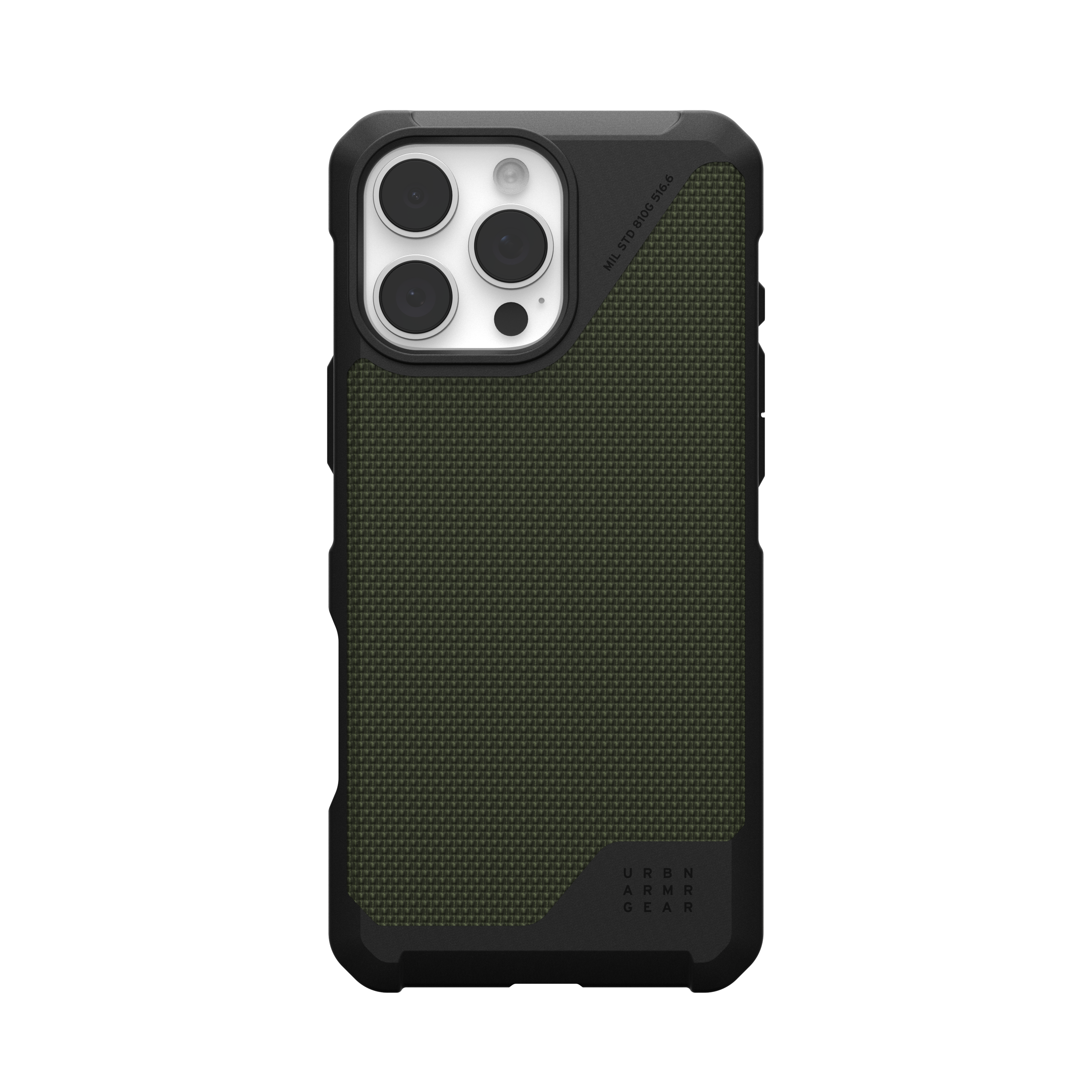 Custodia per telefono nera con retro verde strutturato, ritagli per fotocamera e marchio.