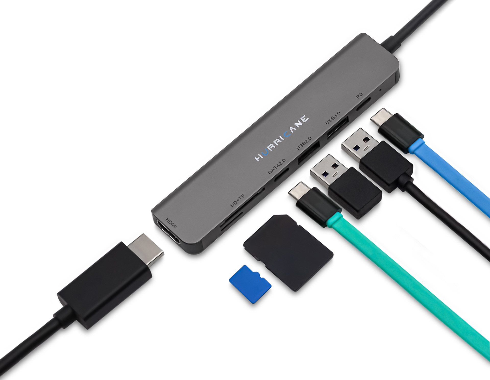 Ein grauer Hub mit verschiedenen Anschlüssen und angeschlossenen Kabeln, sowie SD-Karte und USB-Laufwerke.
