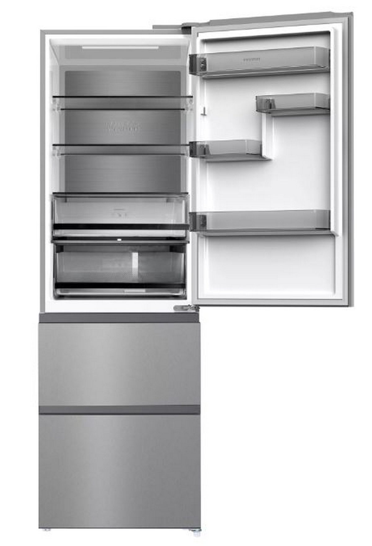 Un refrigerador de acero inoxidable con la puerta abierta, mostrando estantes y cajones.