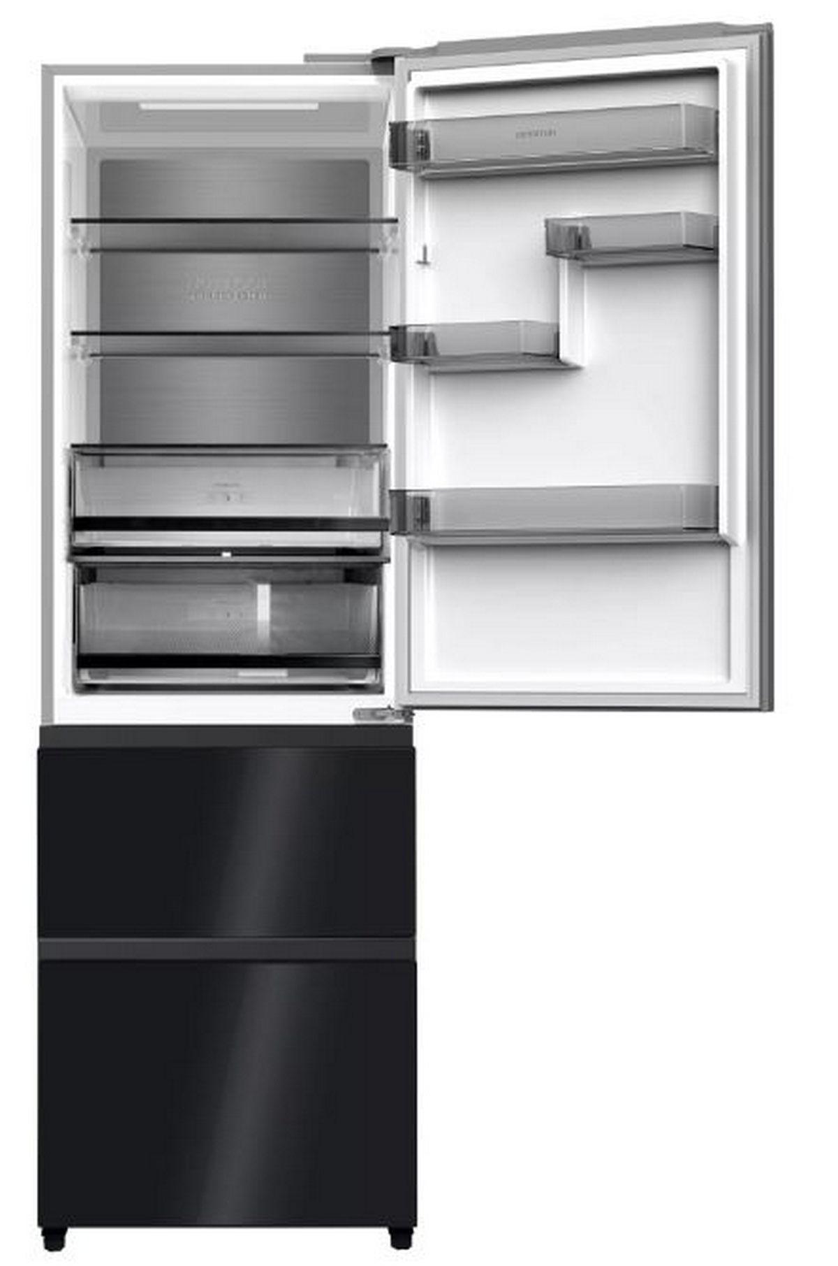 Refrigerador abierto de acero inoxidable con estantes, cajones y una sección de congelador negro debajo.