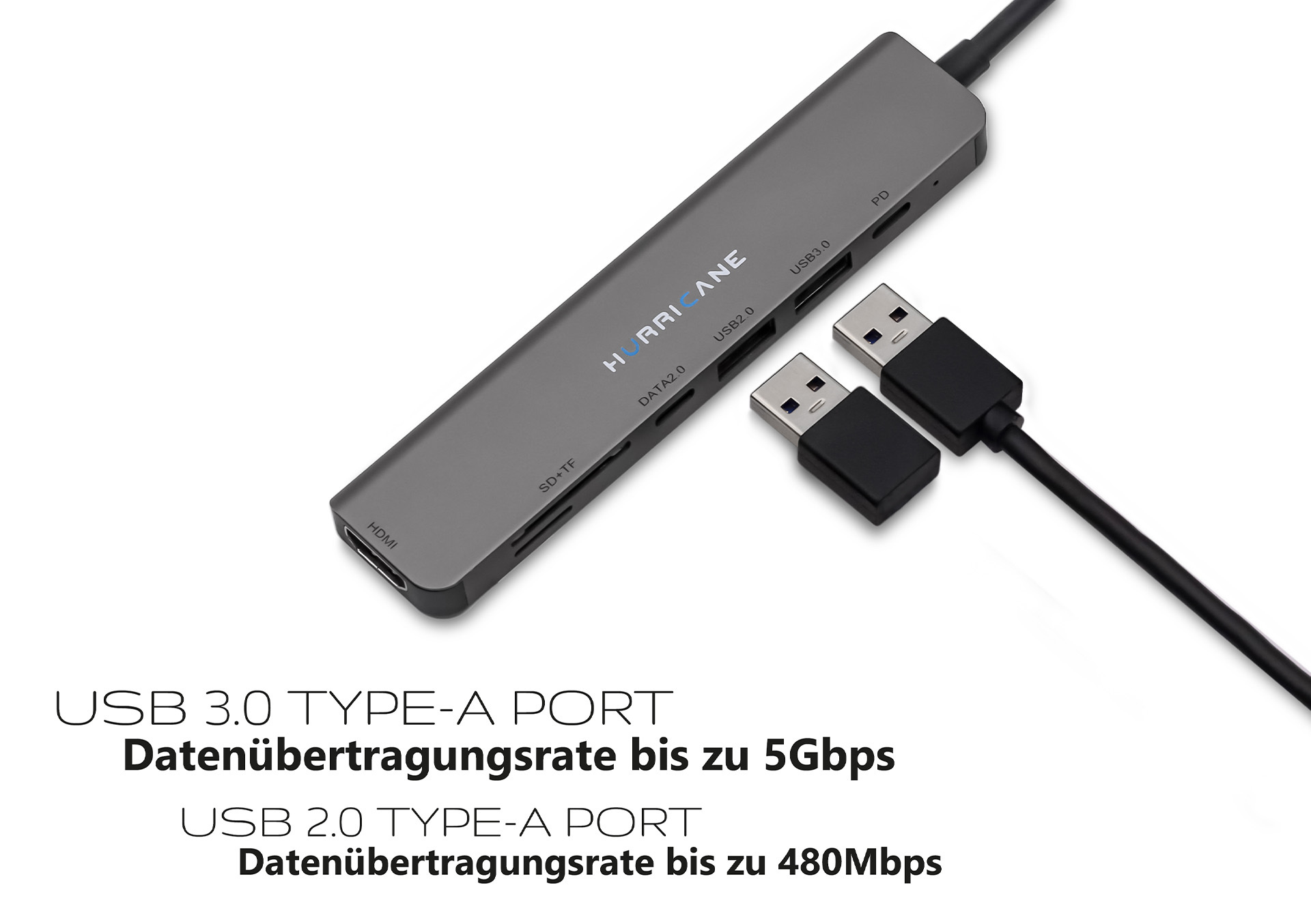 Ein silberner Hub mit USB-Anschlüssen und zwei schwarzen USB-Sticks.