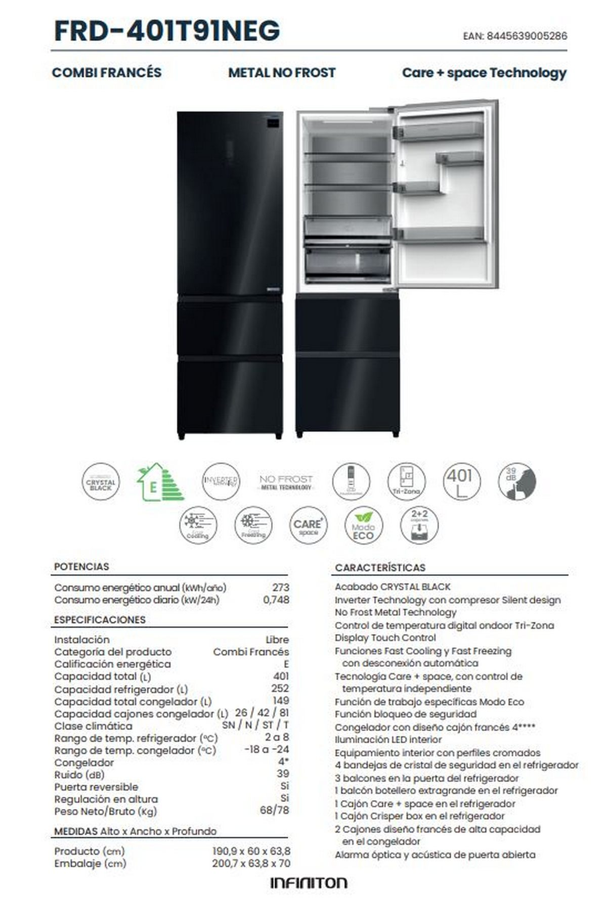 Refrigerador negro con puertas abiertas que muestran estantes. Especificaciones y un diagrama en el fondo.