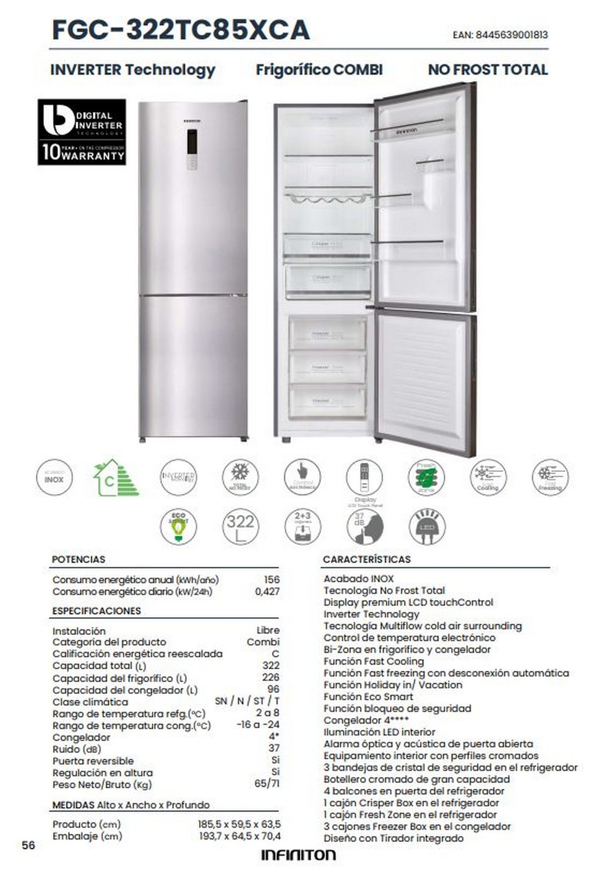 Refrigerador blanco y plateado con puerta abierta mostrando estantes y cajones.