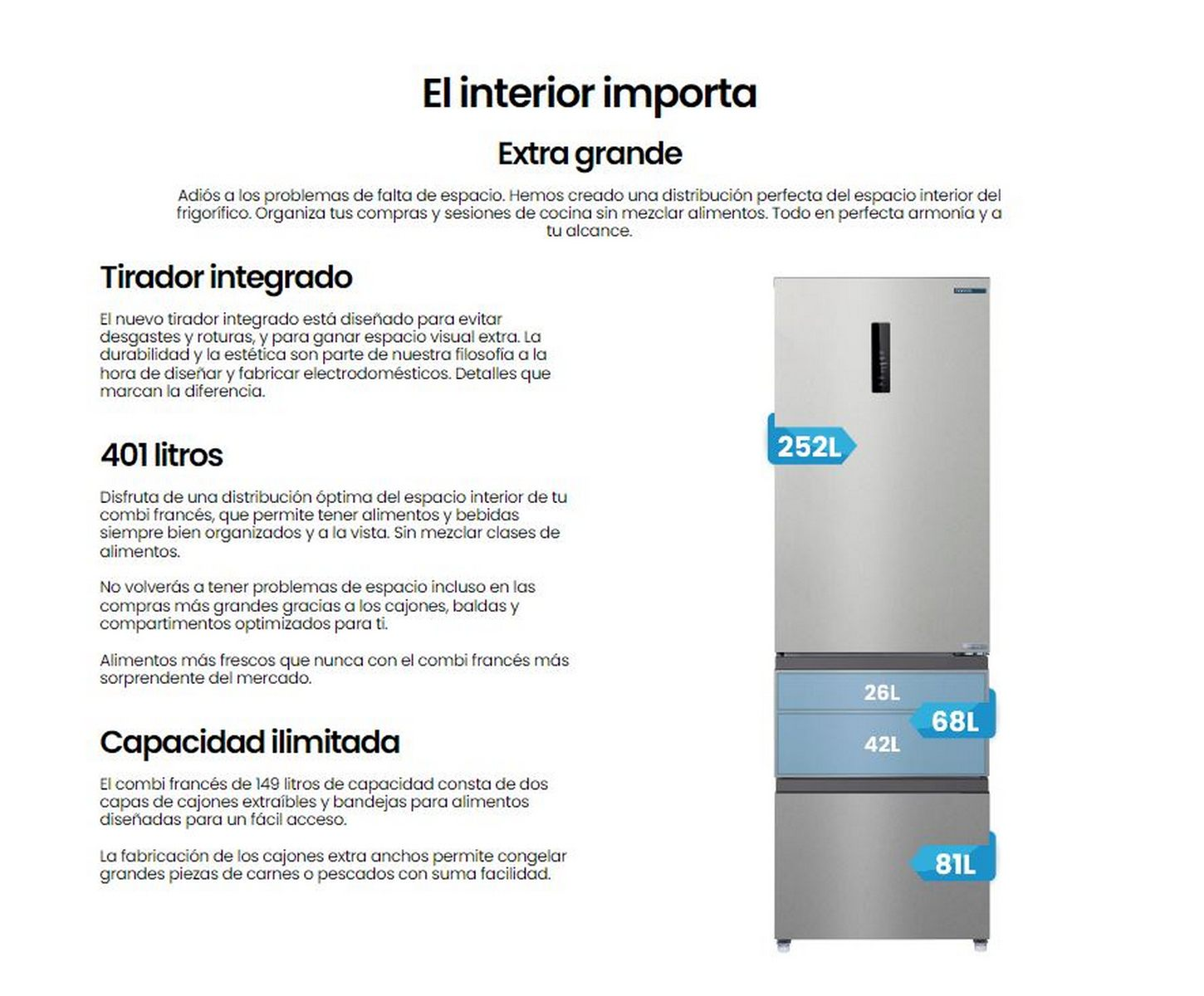 Un refrigerador plateado con múltiples compartimentos. El texto lateral indica 252L, 26L, 68L, 42L y 81L.