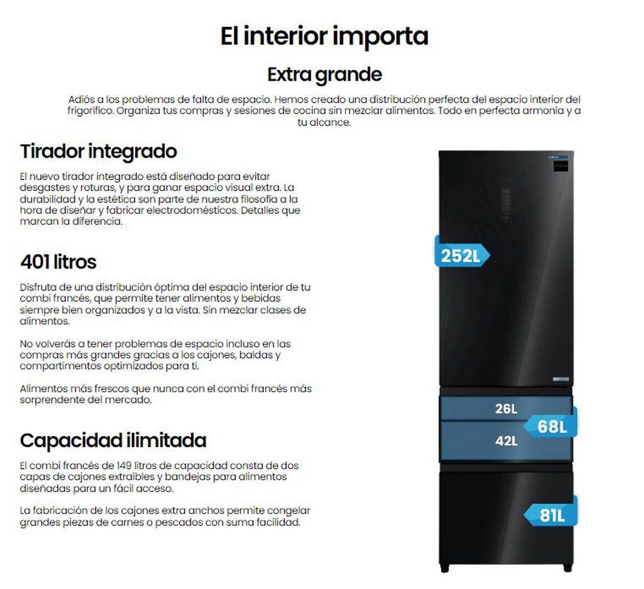 Texto sobre un frigorífico, 401 litros, con compartimentos de 252L, 26L, 68L y 81L.