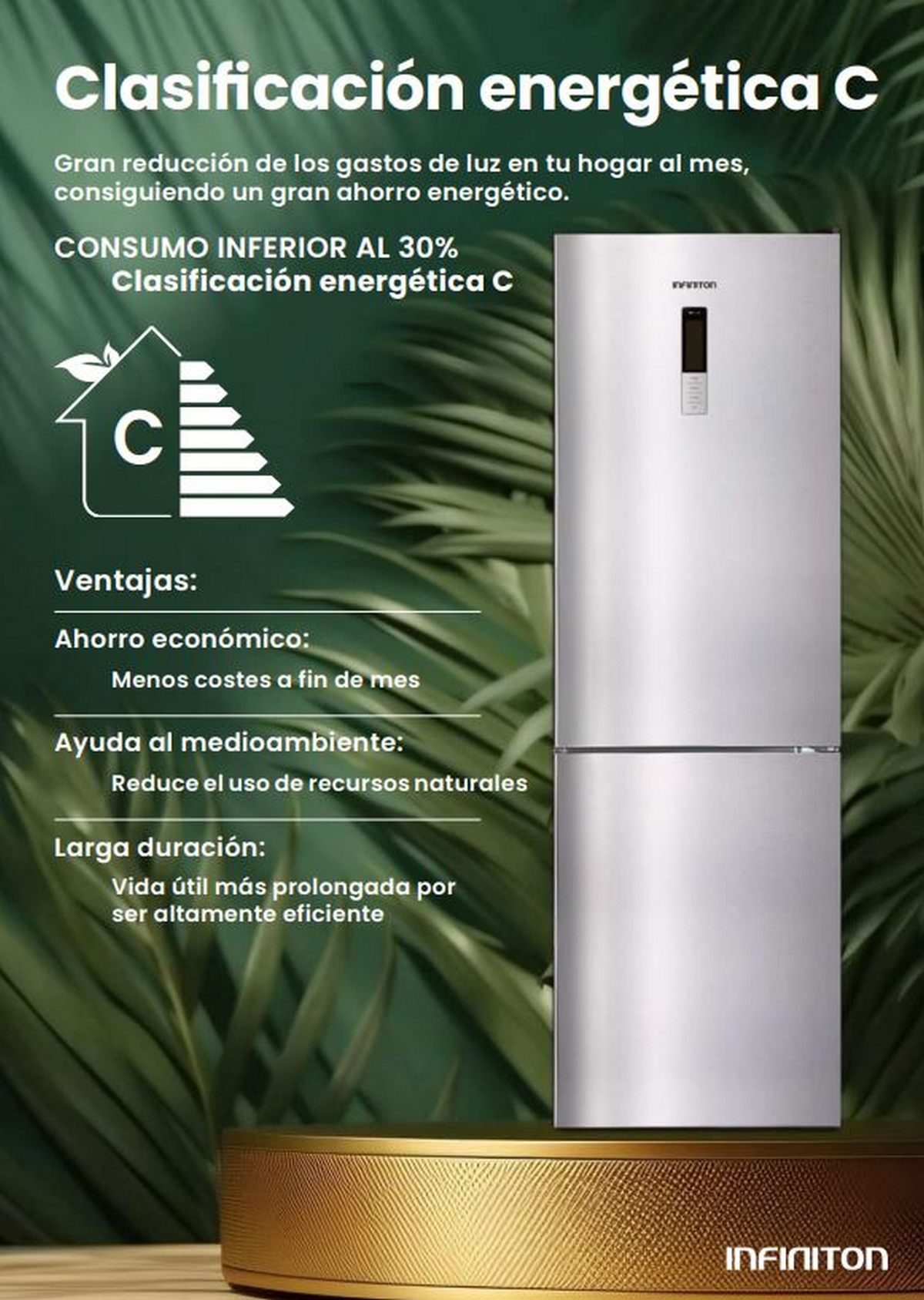 Un refrigerador plateado de dos puertas con detalles de eficiencia energética y texto en español.