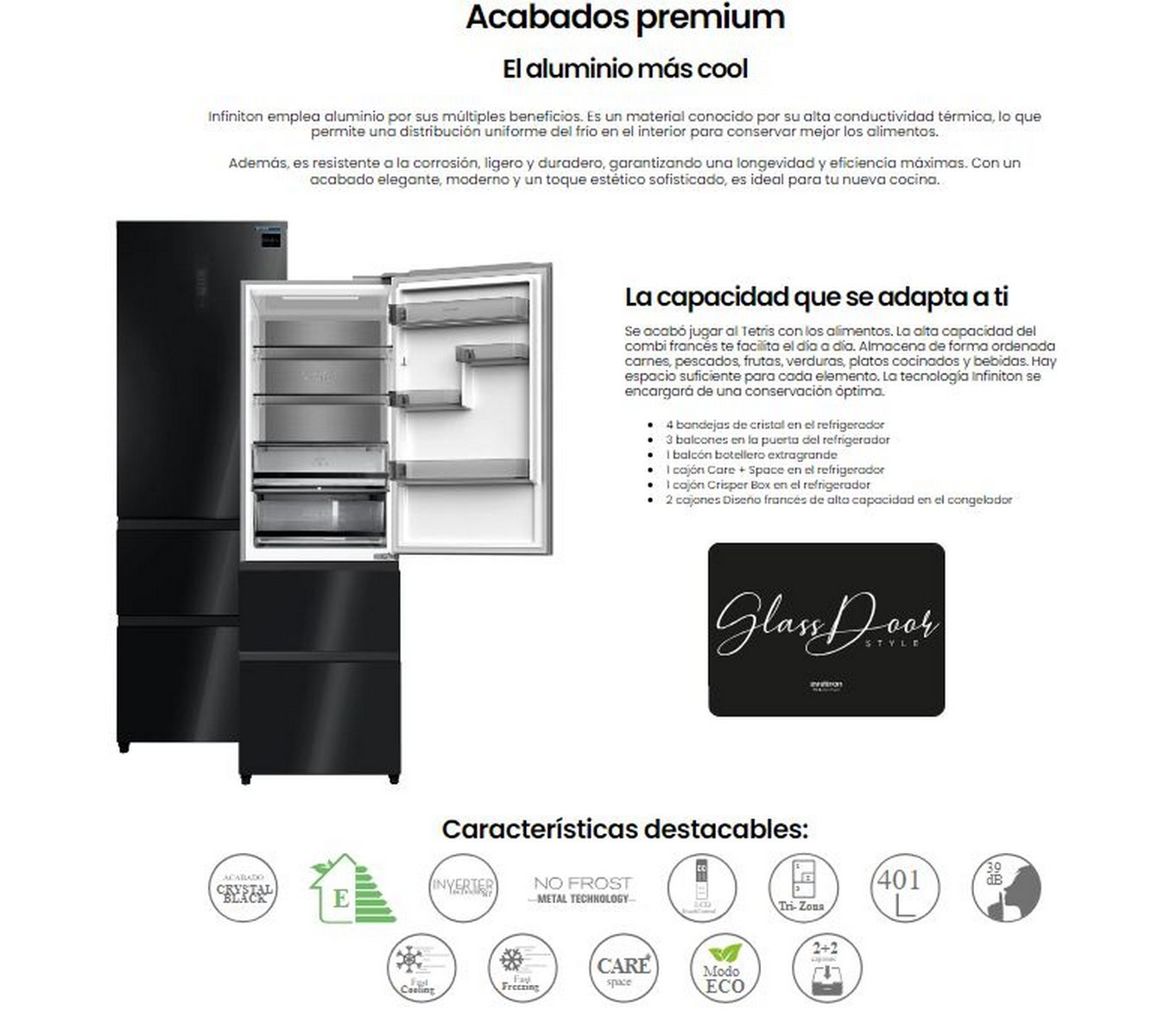Refrigerador negro con puertas abiertas que muestran estantes, cajones y texto sobre características.