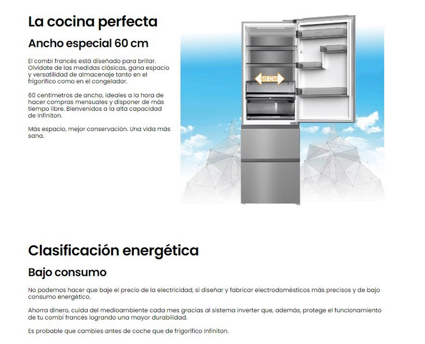 Refrigerador abierto con comida. Texto describe características y eficiencia energética.