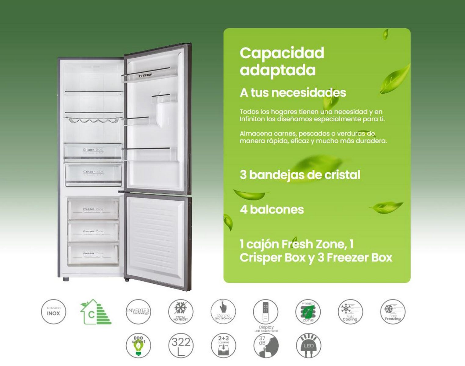 Refrigerador blanco con puertas abiertas, mostrando estantes, cajones y características. Tiene hojas verdes y etiquetas de texto. Blanco.