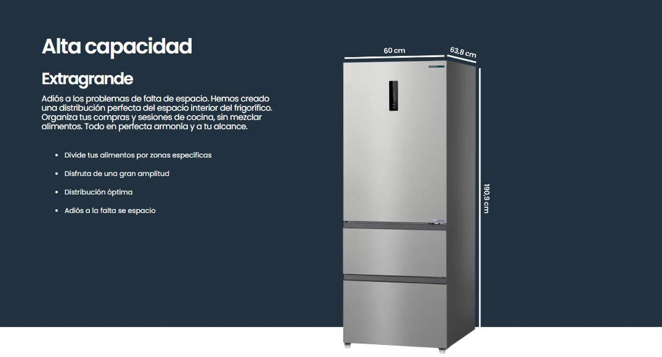 Refrigerador plateado con dos cajones inferiores y una puerta superior, se muestran las dimensiones.