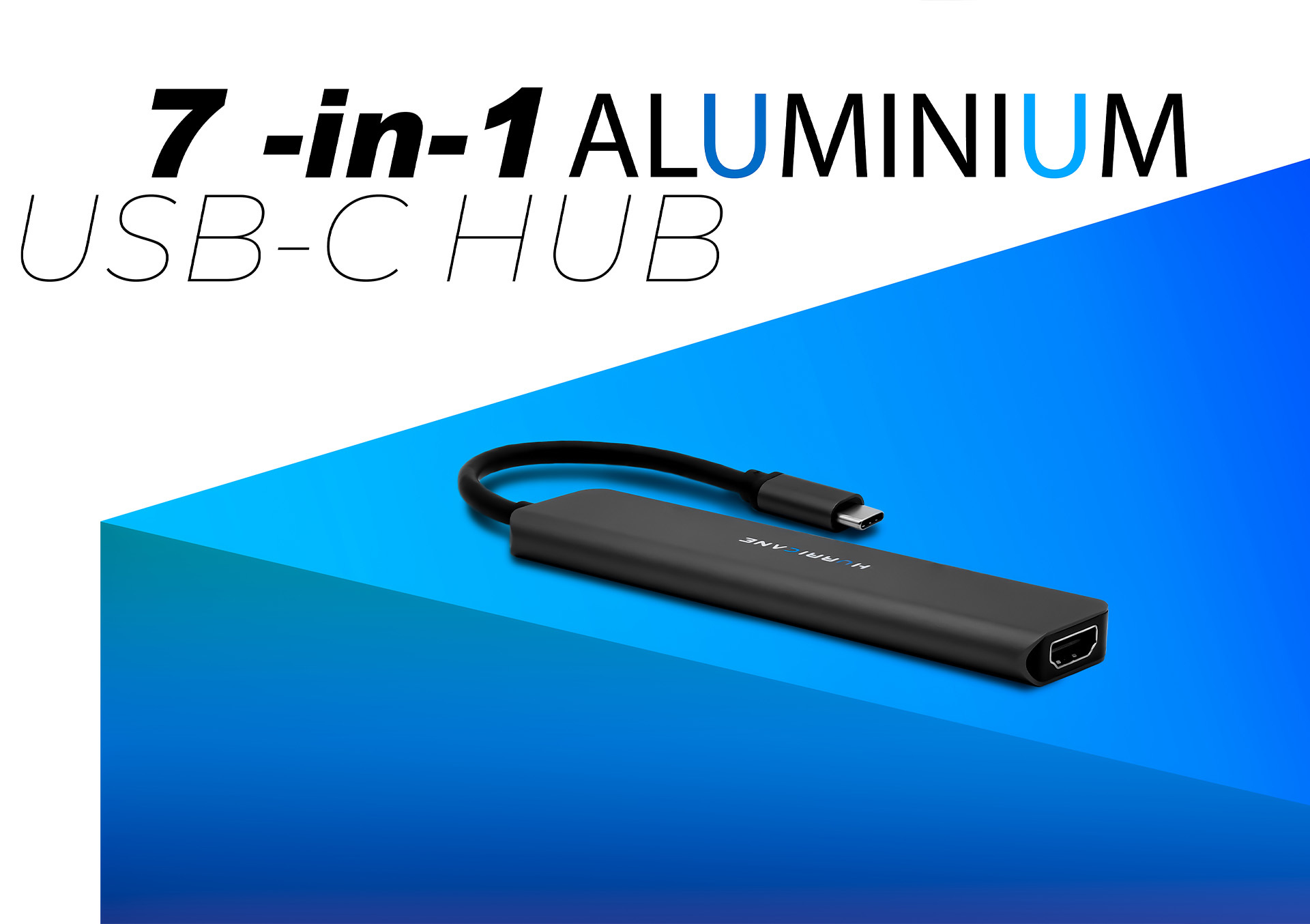 Schwarzer 7-in-1 USB-C-Hub mit grauem Kabel. Der Text lautet '7-in-1 ALUMINIUM USB-C HUB'.