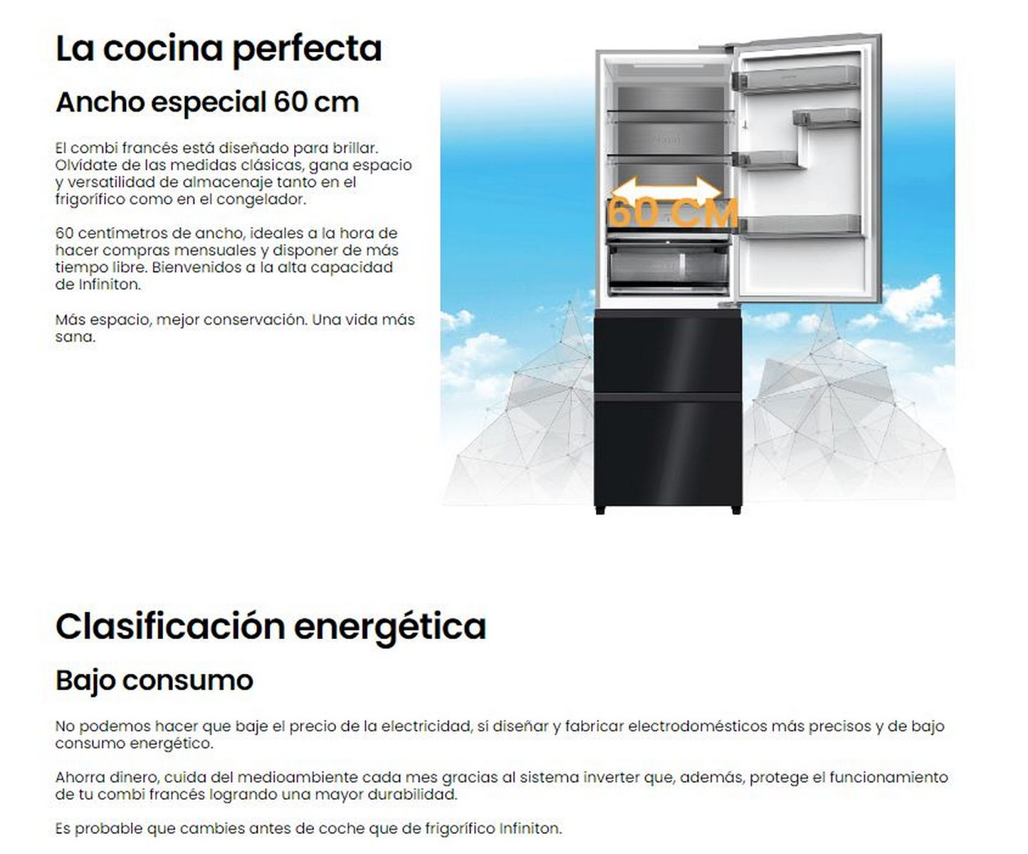 Imagen muestra un frigorífico con la puerta abierta. Texto sobre características y clasificación energética.