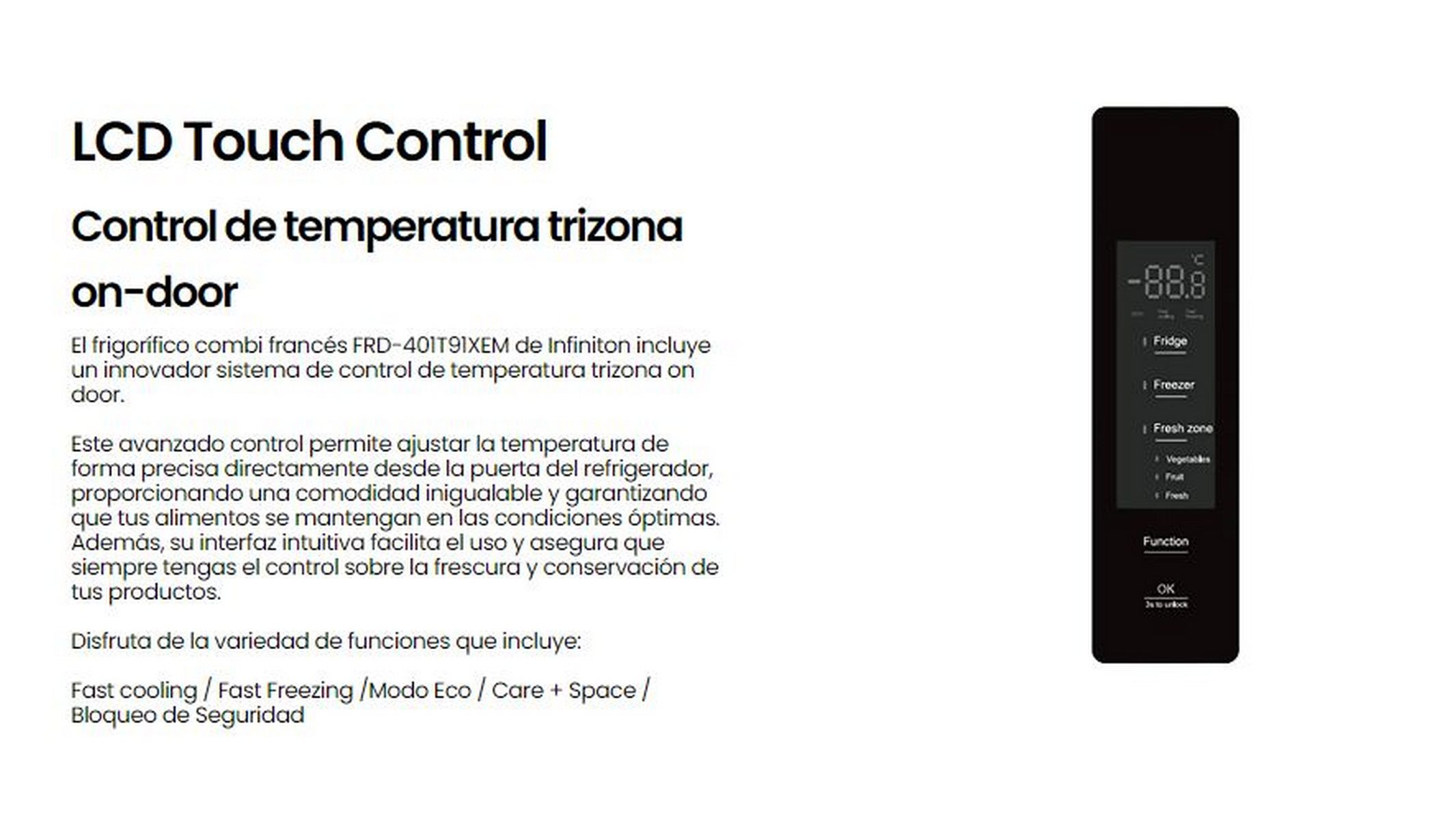 Panel de control en puerta de nevera con texto. Fondo negro y nevera gris claro.