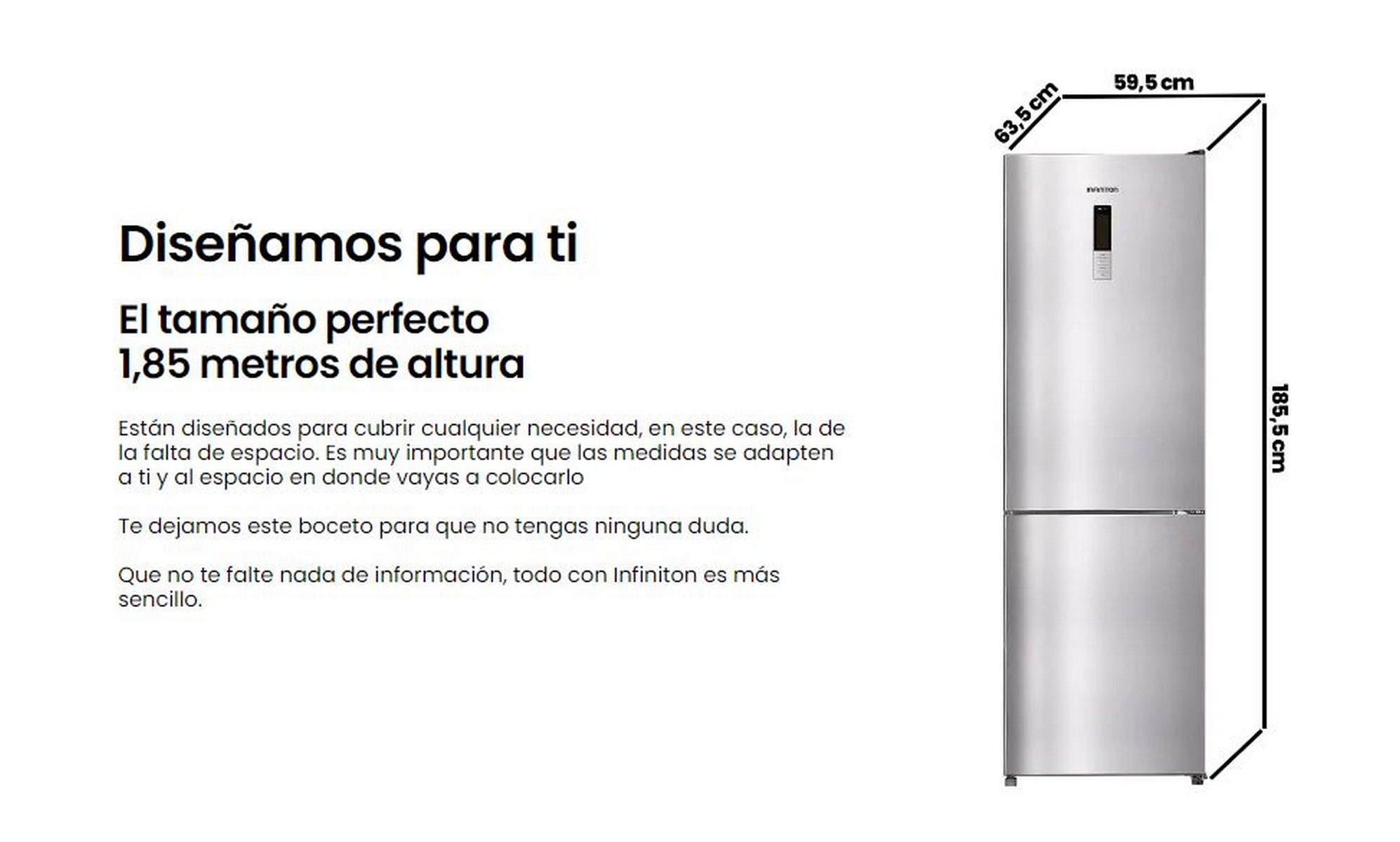Un refrigerador plateado con dimensiones. Texto en español describe la altura y el tamaño.