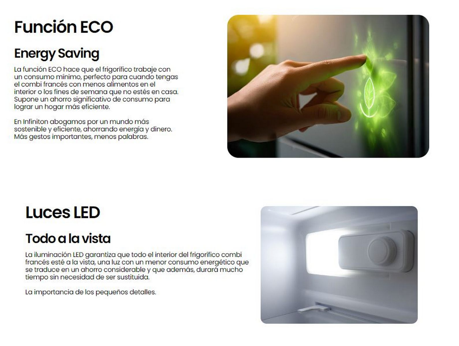 Dos imágenes que muestran los beneficios de la función ECO y luces LED en un frigorífico.