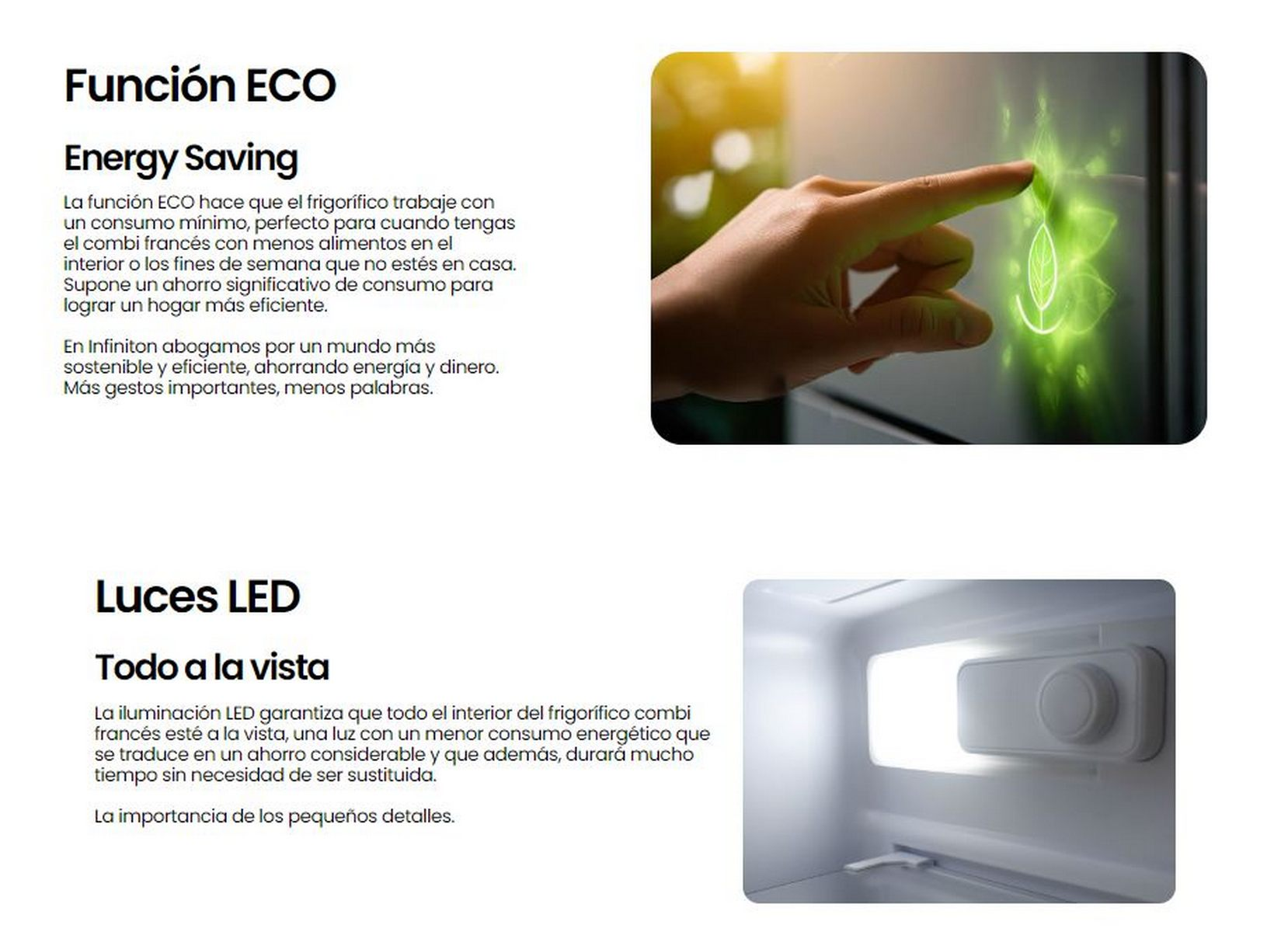 Texto e imágenes que explican las características del refrigerador, incluido el ahorro de energía y las luces LED.