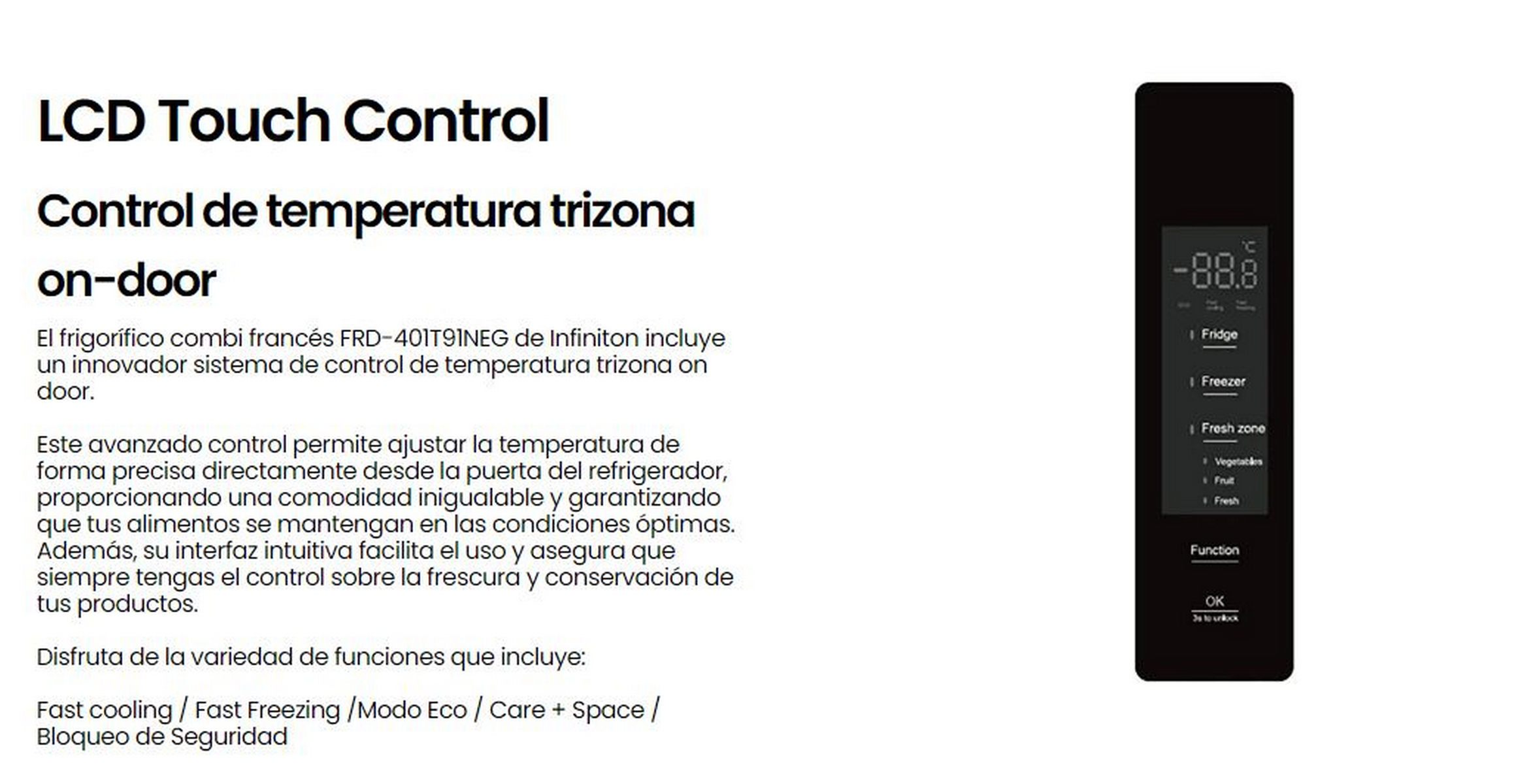 Panel de control negro de un refrigerador. Muestra controles de temperatura y funciones.
