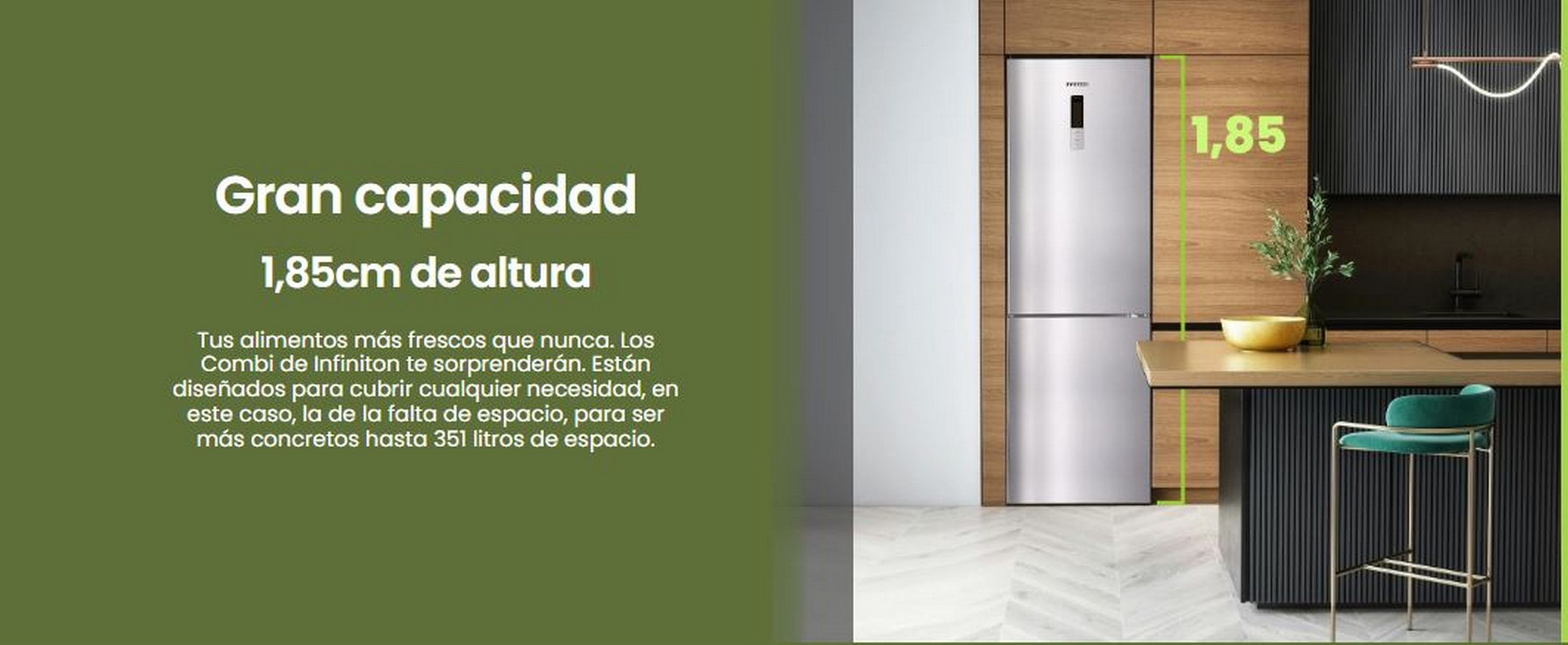 Refrigerador de acero inoxidable. Fondo verde. Texto sobre capacidad y altura: 1,85 m.