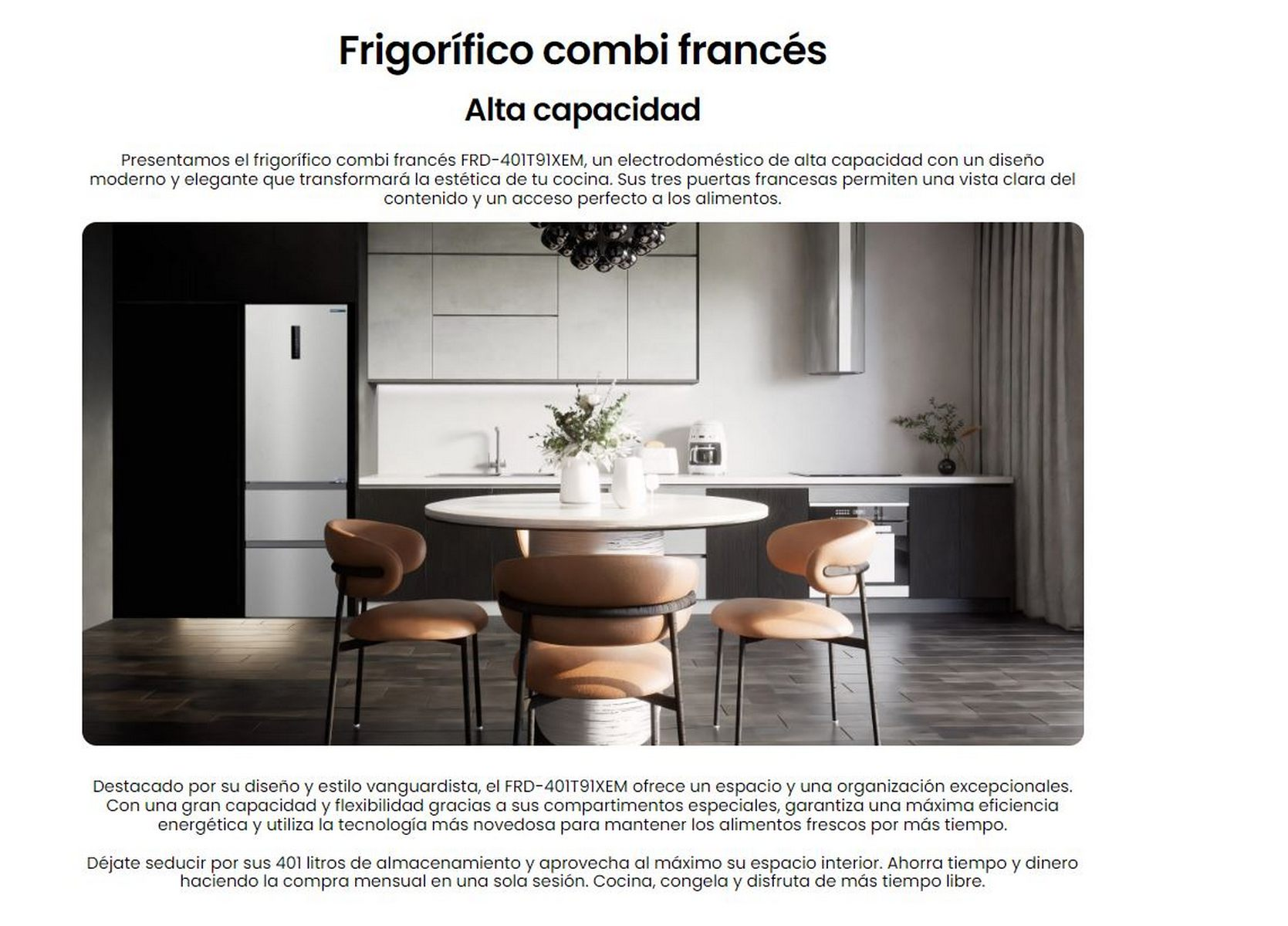 Texto sobre un refrigerador de estilo francés. El fondo es una escena de cocina.