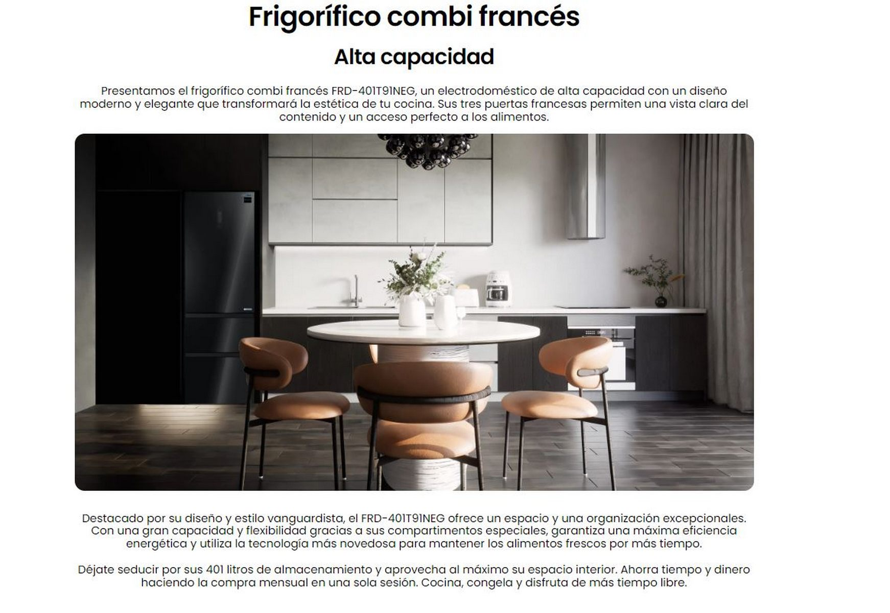 Refrigerador negro moderno en una cocina con zona de estar. Hay mesa redonda y sillas.