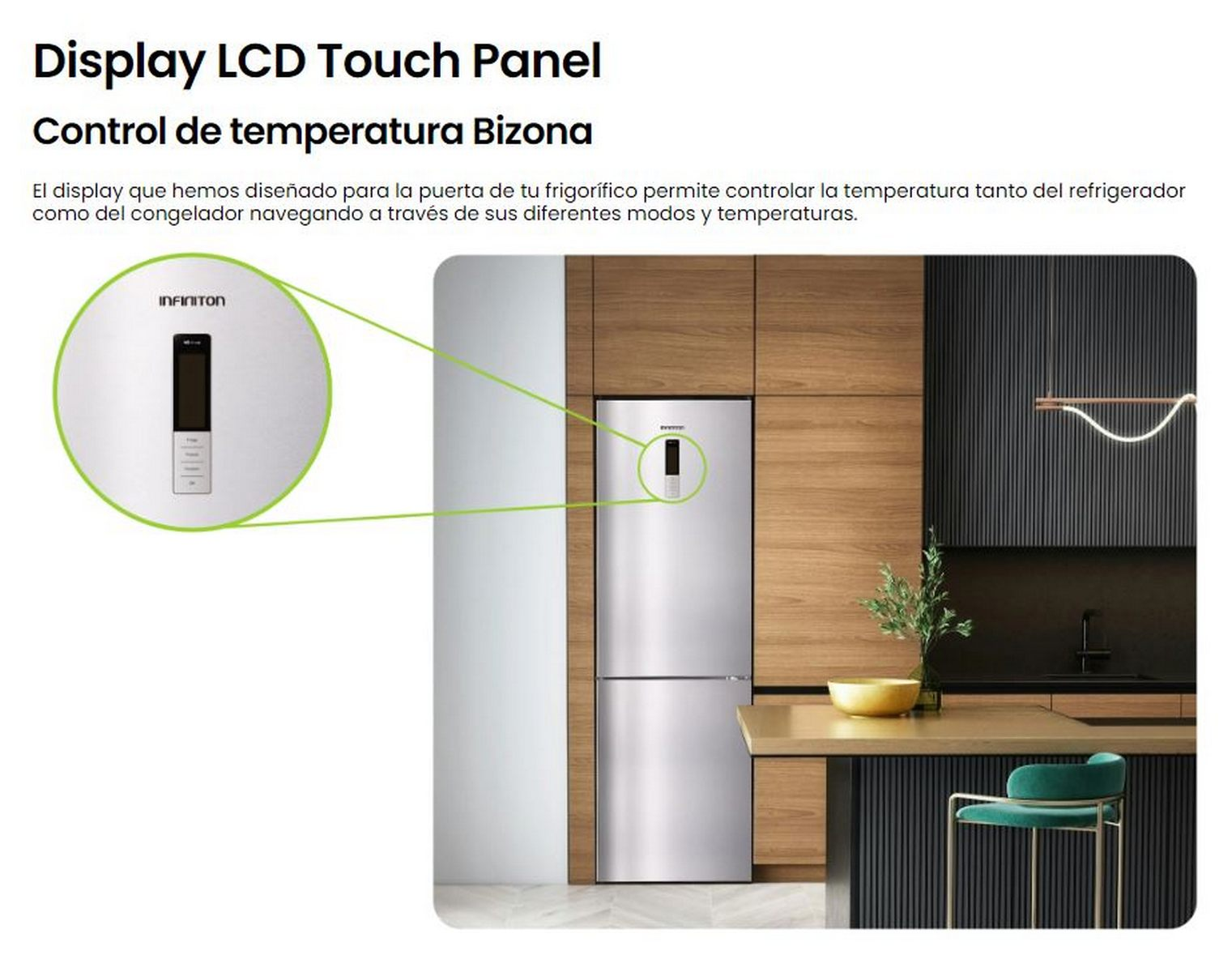 Cocina moderna con un refrigerador que tiene una pantalla digital. La pantalla muestra la temperatura.