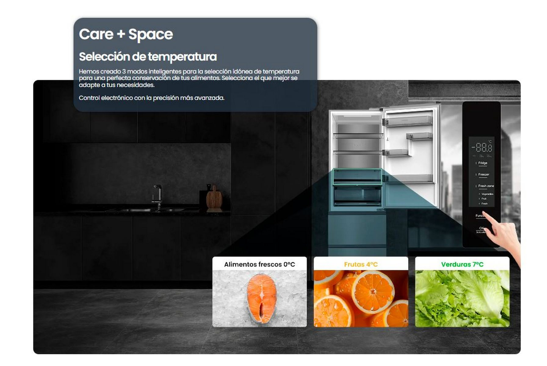 Nevera con pantalla táctil que muestra la configuración de temperatura. Incluye alimentos.