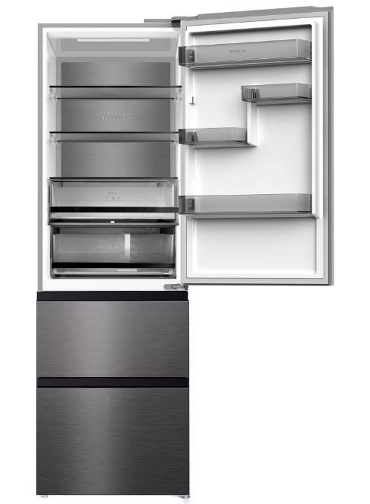 Refrigerador de acero inoxidable con puerta abierta, mostrando estantes y cajones.