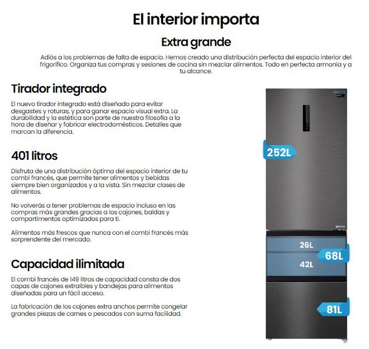 Una imagen promocional que muestra un refrigerador moderno de puerta francesa con características internas destacadas.