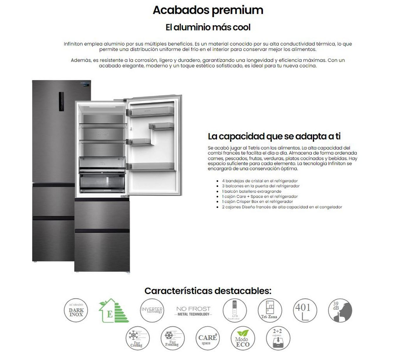 Refrigerador moderno con puerta abierta, mostrando estantes y contenido.