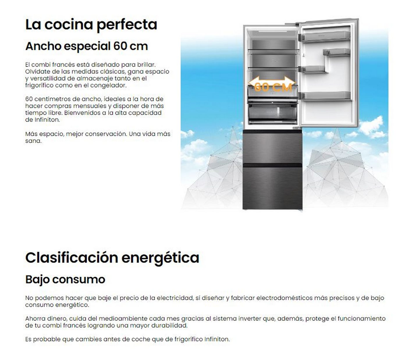 Un refrigerador moderno con acabado negro y plateado con la puerta abierta, mostrando el interior.