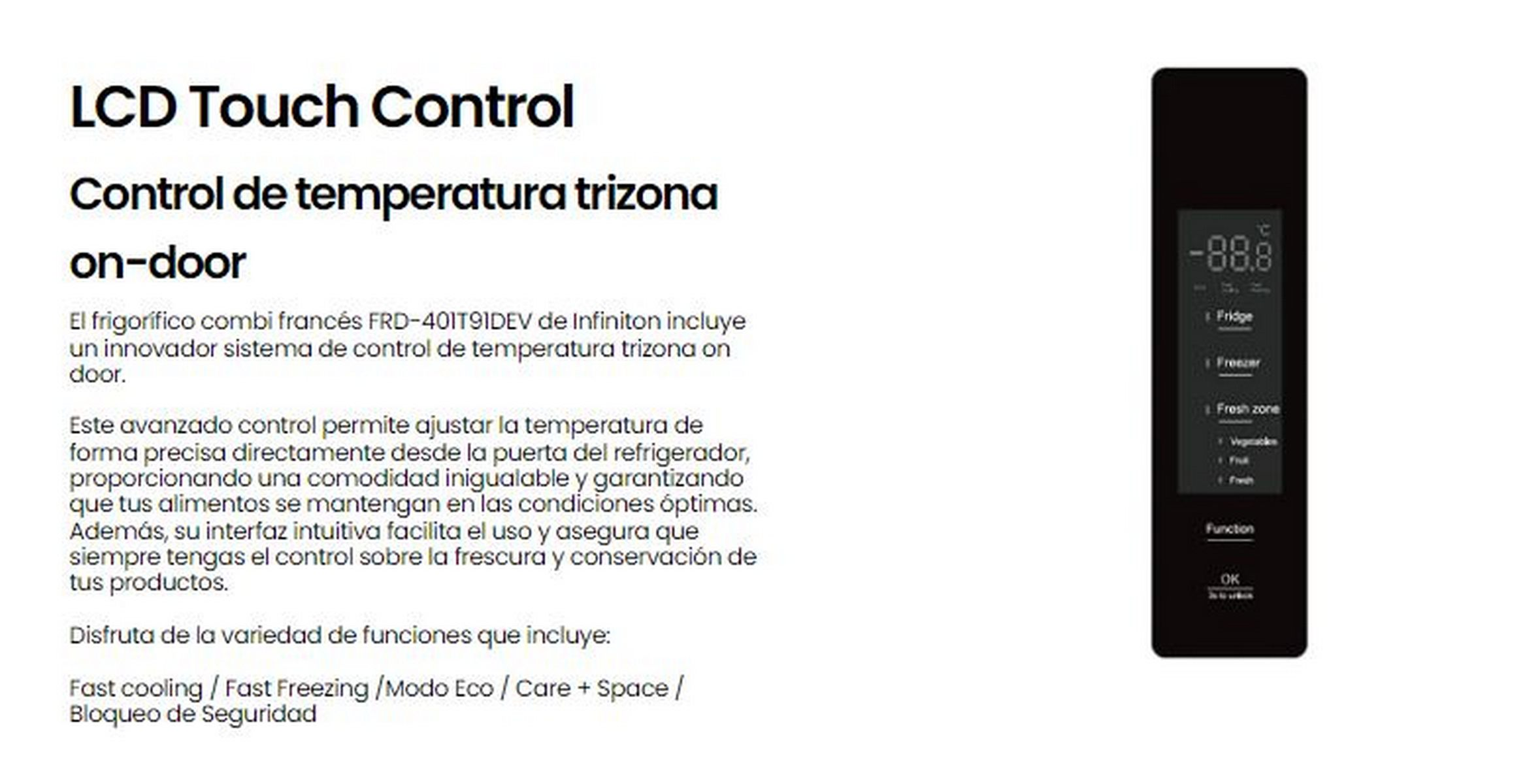 Primer plano de un panel de control negro del refrigerador con pantalla LCD. Texto y símbolos en el panel.