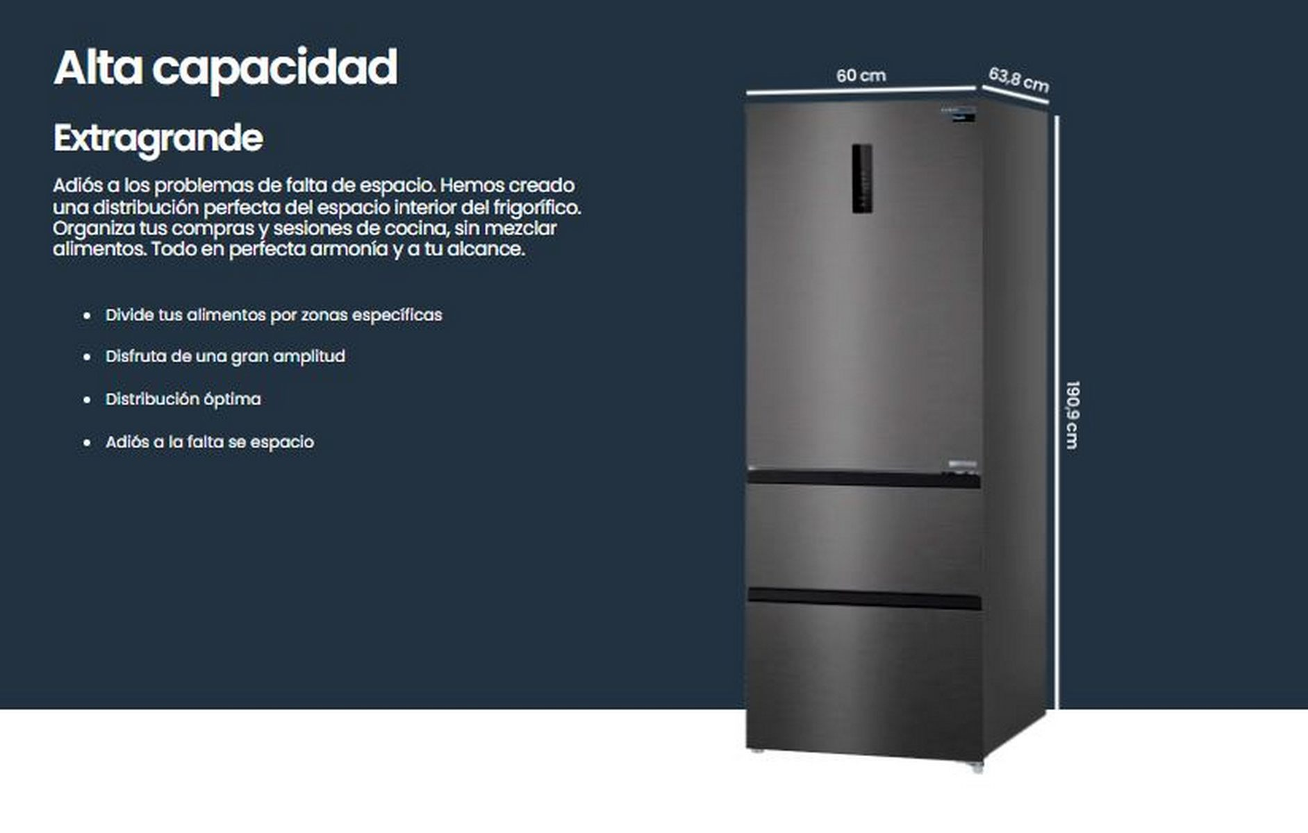 Refrigerador negro con dimensiones. Incluye texto en español, que describe sus características y capacidad.