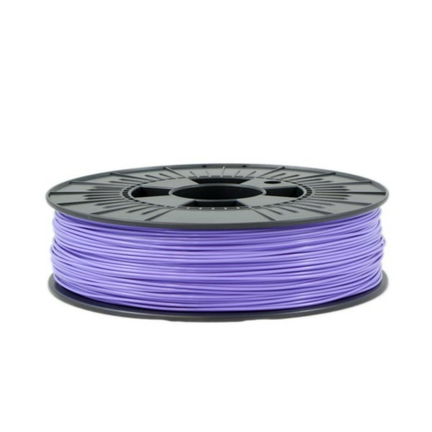 Spule mit lavendelfarbenem 3D-Druckerfilament. Die Spule ist schwarz.